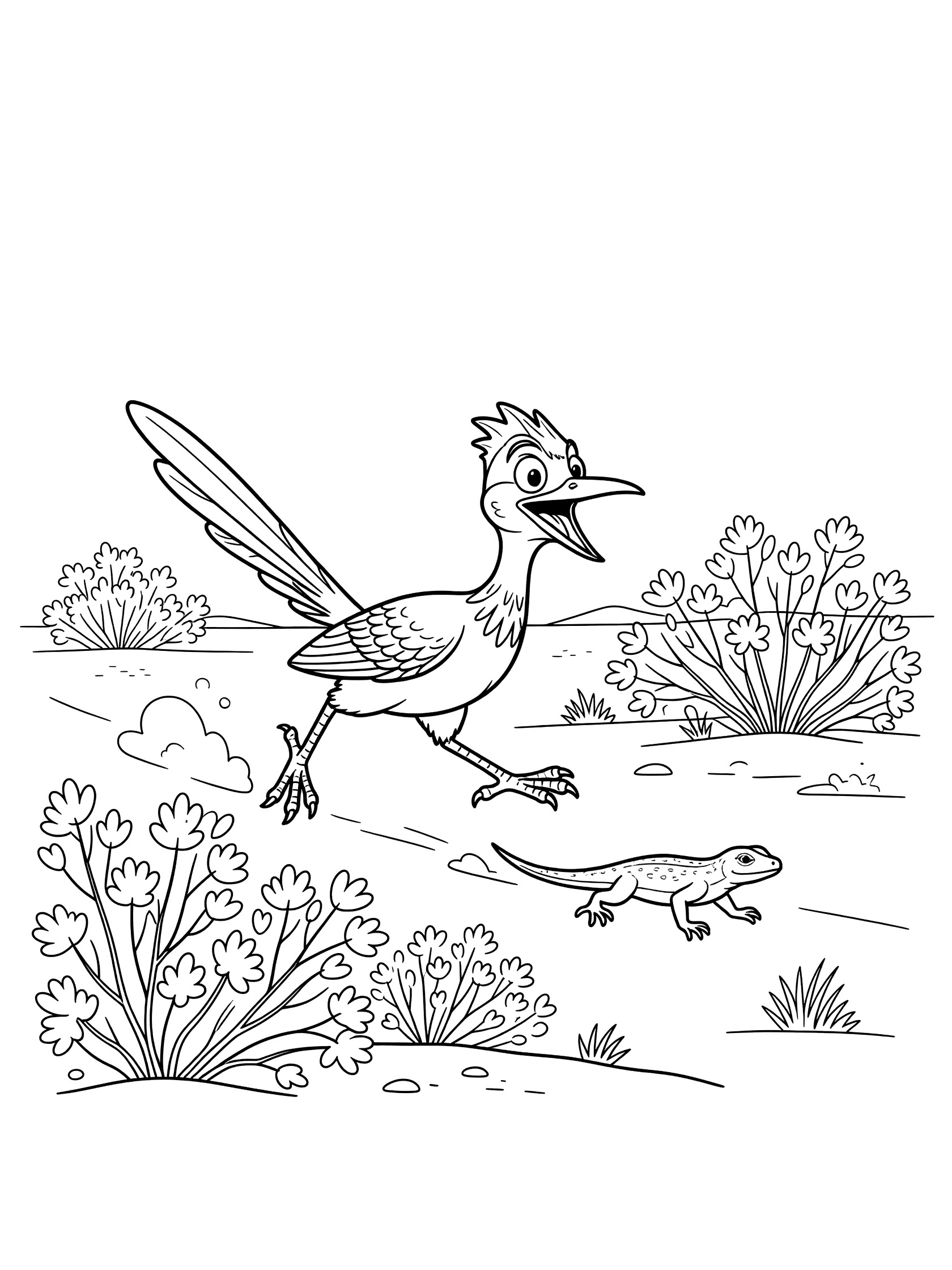 Black and white line art coloring page showing a roadrunner bird running after a small lizard in a desert with scrubby bushes.