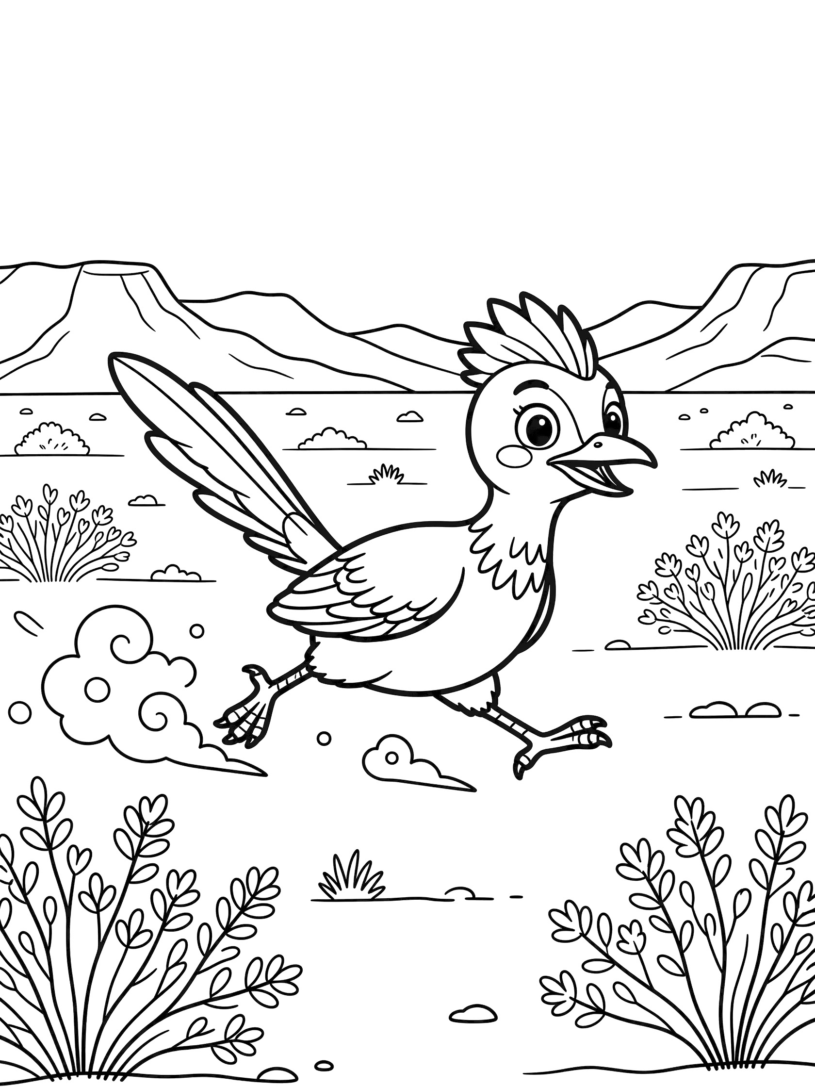 Kawaii roadrunner bird running fast across open Death Valley plains, kicking up dust, with creosote bushes, rocks, and distant hills in clean line art.