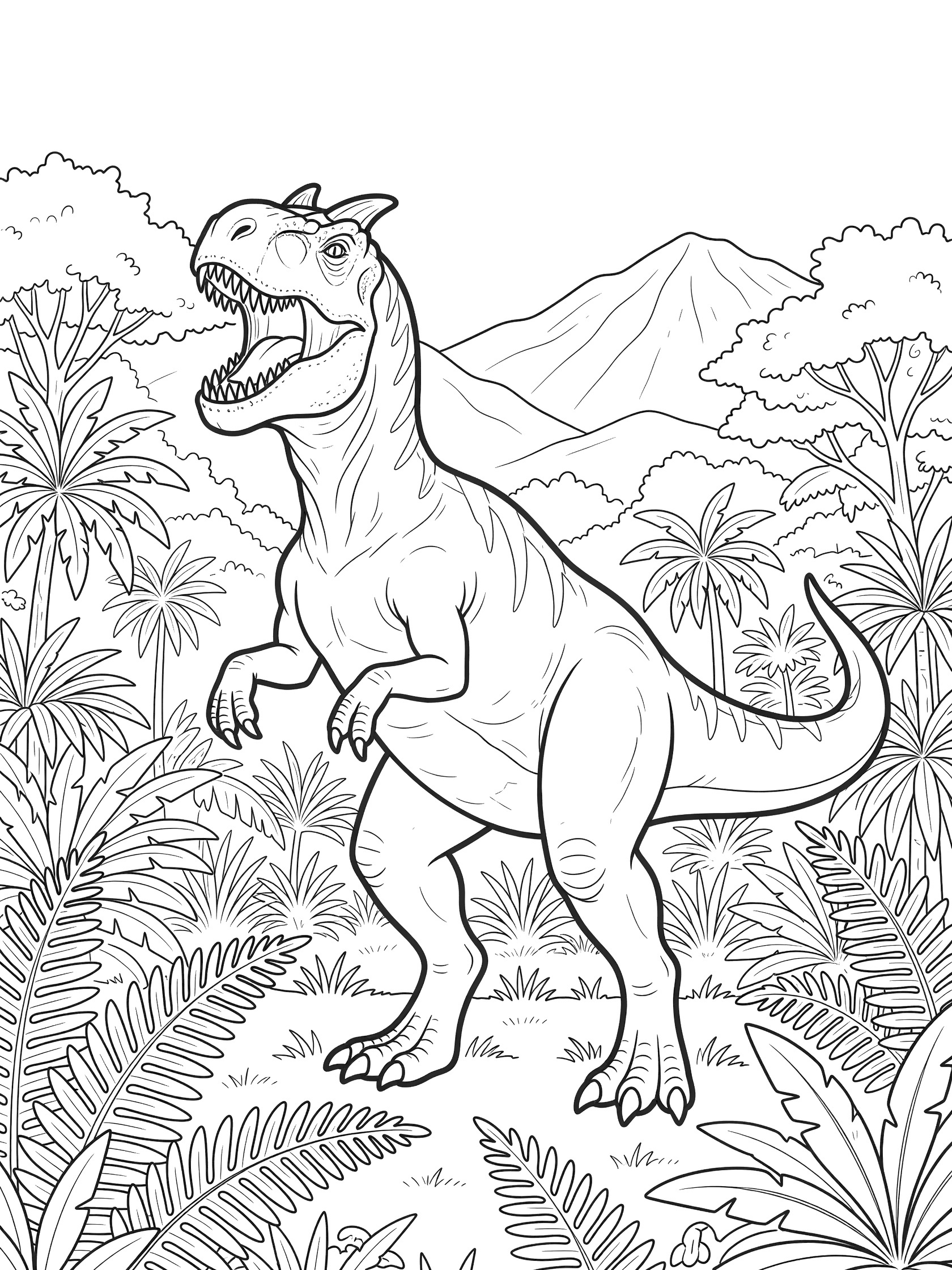 Black and white line art of a Carnotaurus dinosaur standing on hind legs with open mouth roaring, surrounded by jungle ferns, palm trees, and distant mountains.