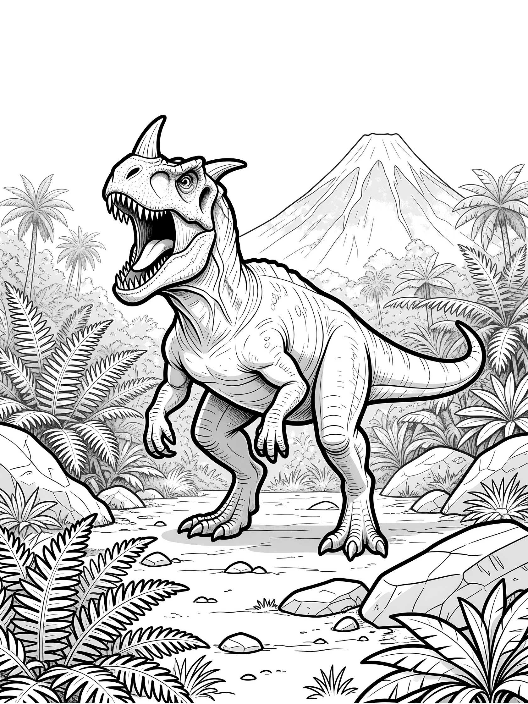 Black and white coloring page of a Ceratosaurus dinosaur roaring with open jaws, sharp teeth, nasal horn, in a prehistoric jungle with ferns, rocks, and volcano.