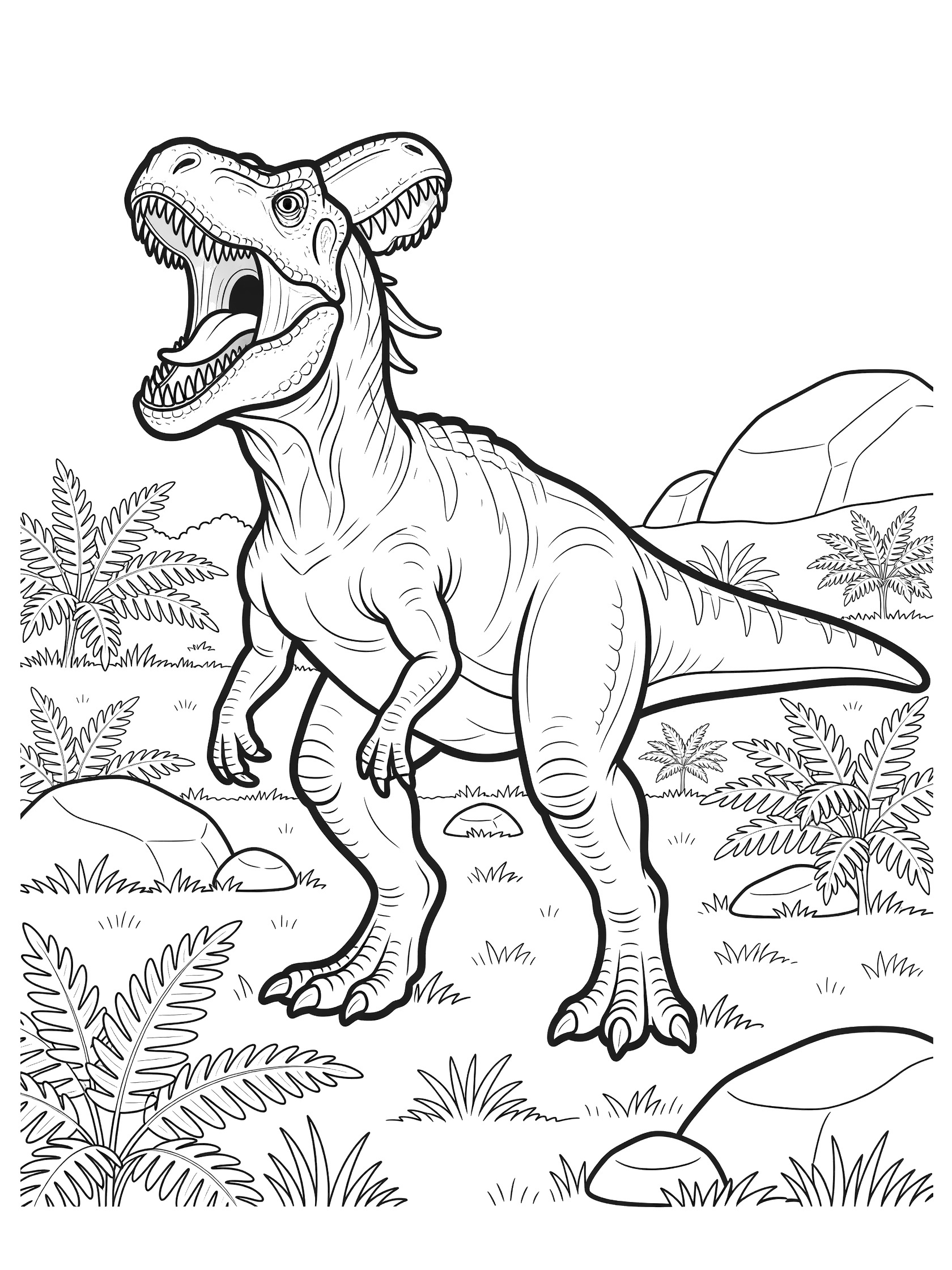 Black and white coloring page of a roaring Daspletosaurus dinosaur with wide open mouth, sharp teeth, muscular body, short arms, and powerful legs in a prehistoric meadow with ferns, grass, and boulders.