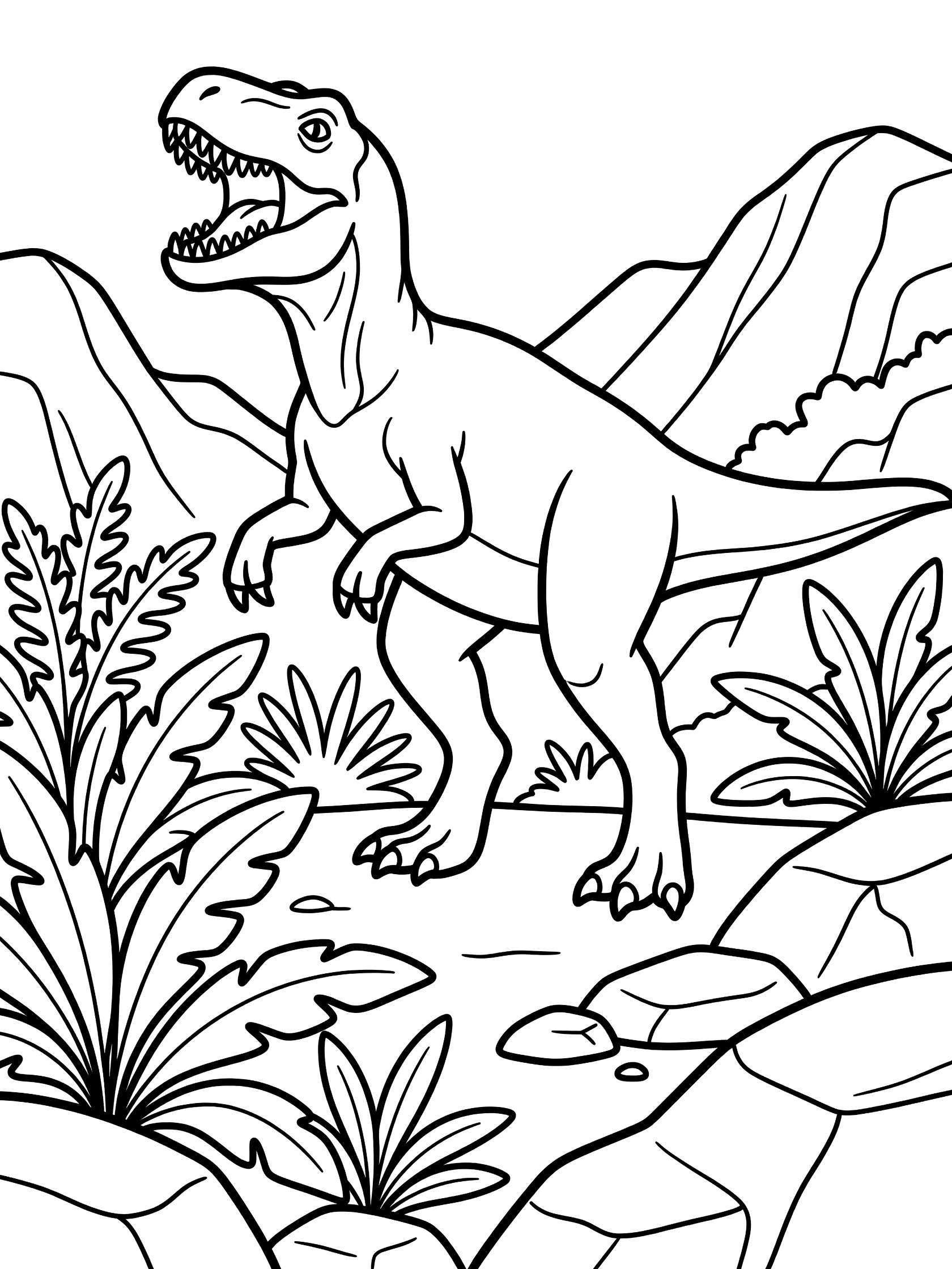 Black and white line art of a dinosaur roaring with open mouth, standing on rocks near mountains, ferns, and plants. Herrerasaurus themed black and white printable line art