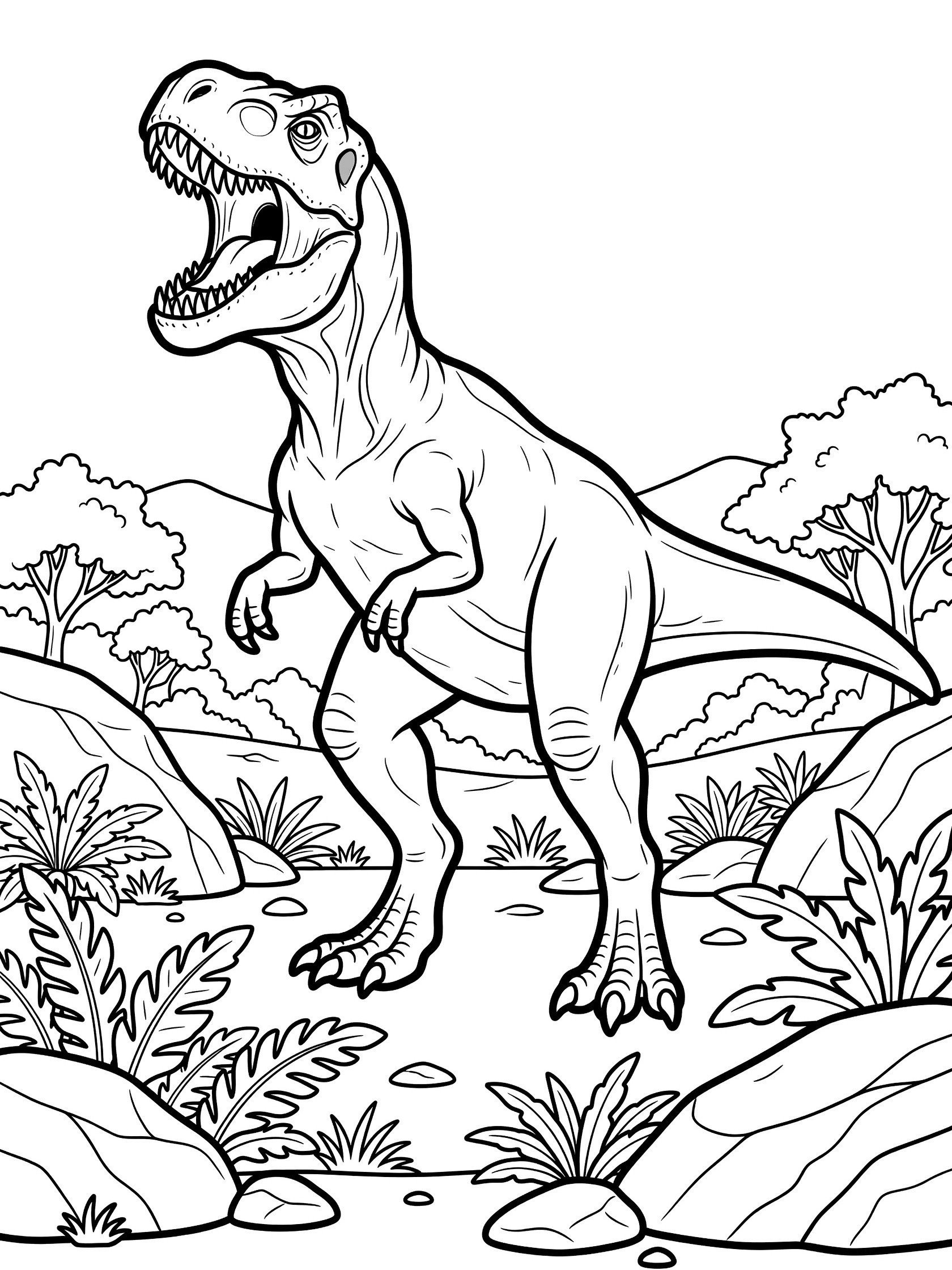 Black and white line art of a large dinosaur roaring with open mouth, standing on two legs amid trees, bushes, rocks, and grass. Carcharodontosaurus themed black and white printable line art