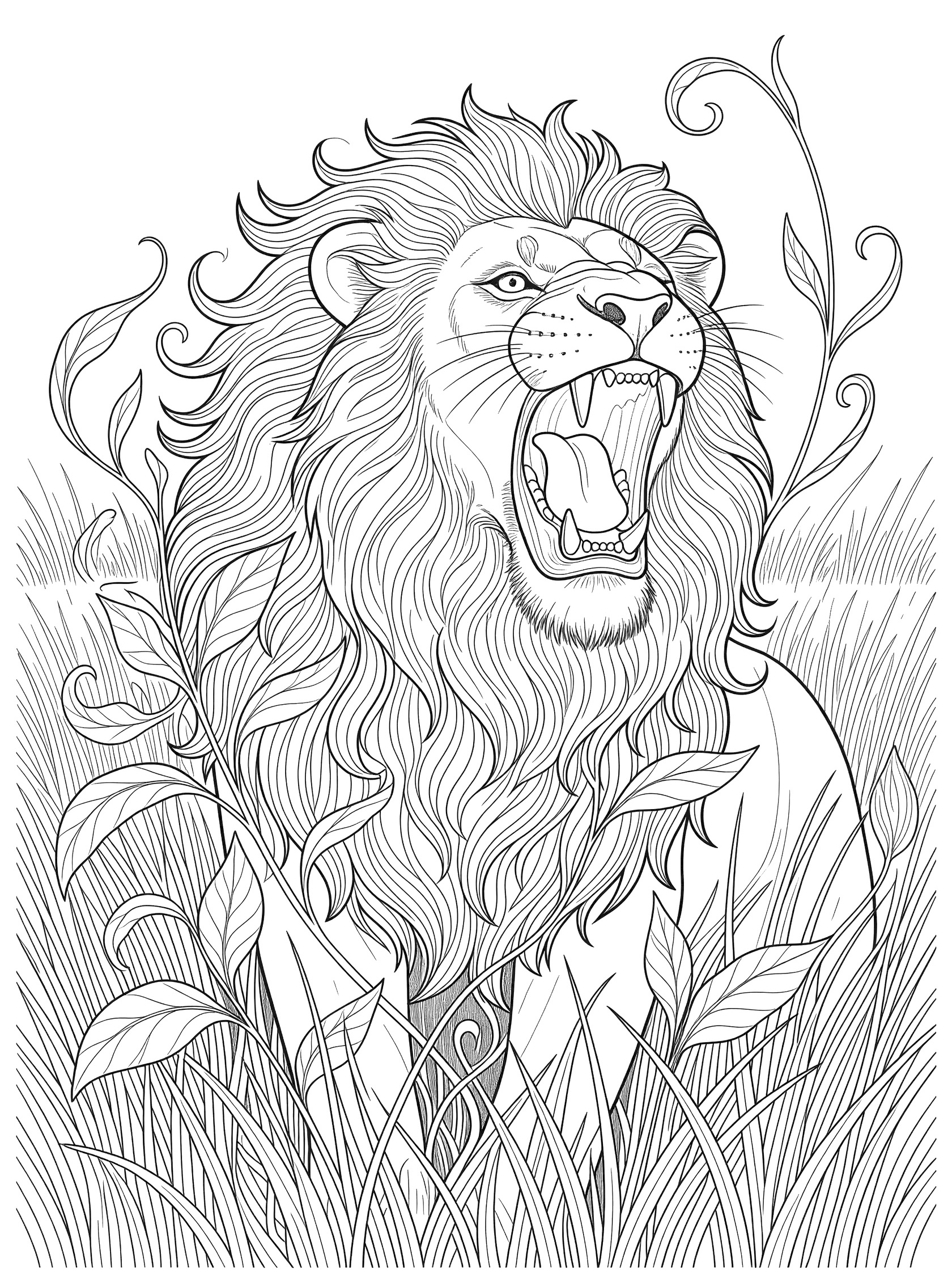 Black and white line art coloring page showing a lion with wide open roaring mouth, sharp teeth, tongue, swirling mane, and tall grass with curling leaves around it.