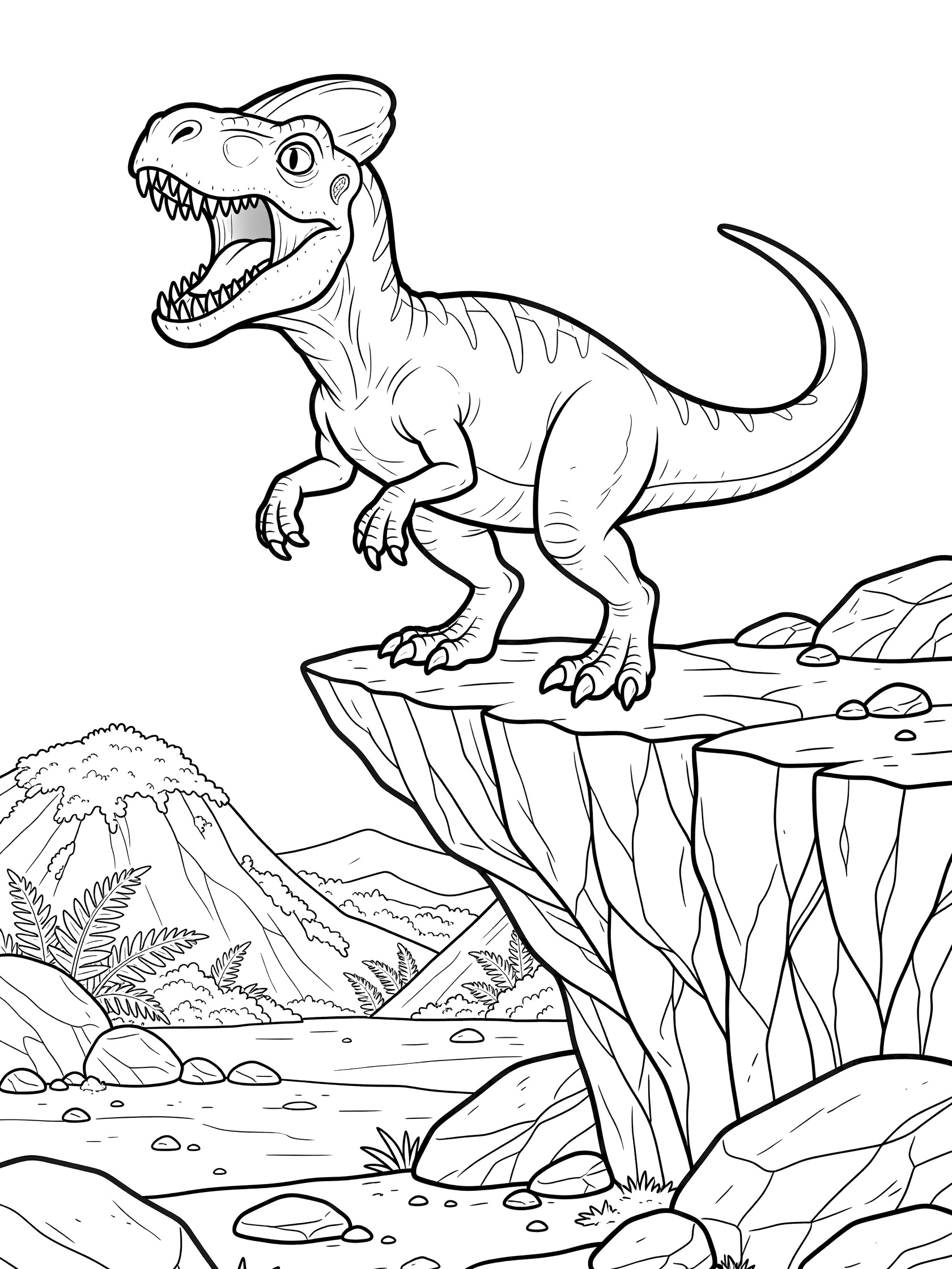 Line art coloring page showing a Monolophosaurus roaring with mouth open and teeth out, standing on a cliff edge gripping rocks with claws, tail behind, overlooking boulders and fern hills.