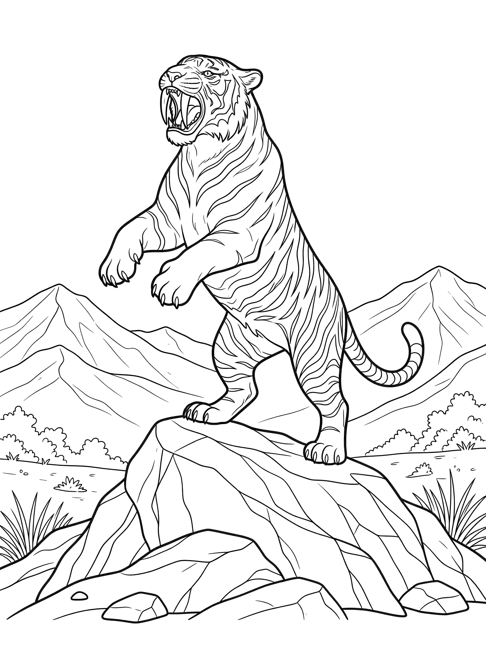 Black and white coloring page of a saber-toothed tiger standing on hind legs on a rocky hill, mouth open roaring with long curved fangs, distant mountains and bushes in background.