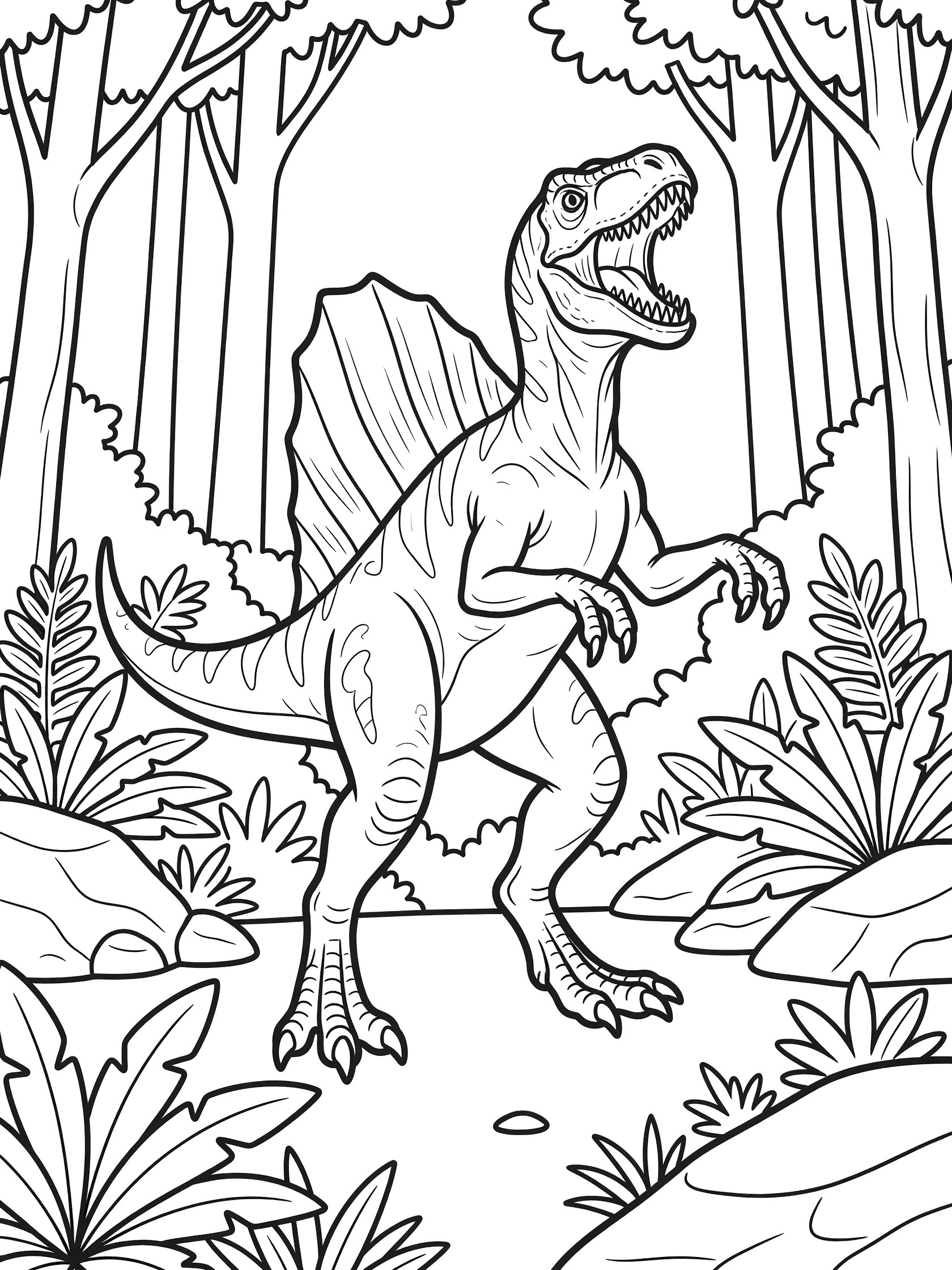 Black and white coloring page of a Spinoraptor dinosaur roaring with open mouth, large back sail, clawed arms, surrounded by jungle ferns, rocks, and trees