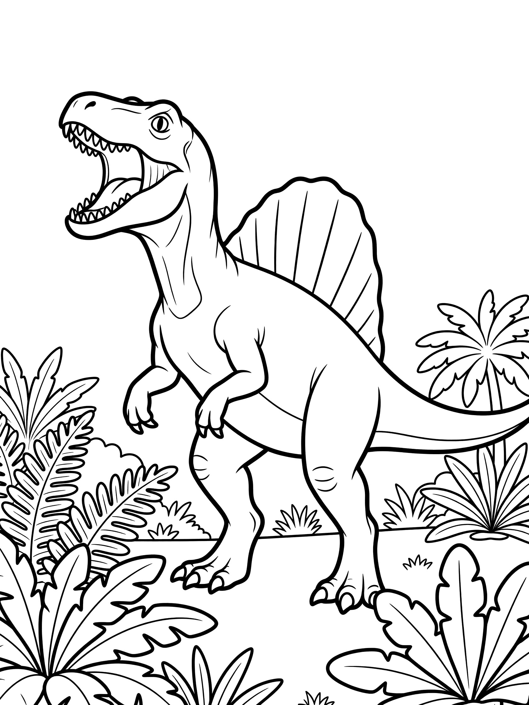 Black and white line art coloring page showing a Spinosaurus dinosaur standing on hind legs, mouth open roaring, large sail on back, feet in plants.