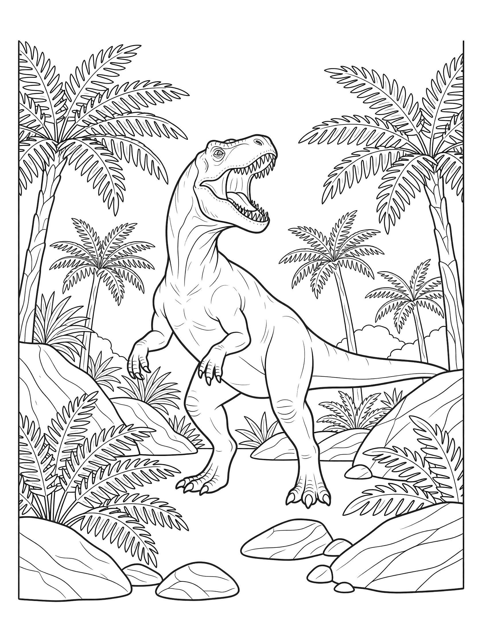 Black and white line art coloring page showing a T-Rex dinosaur standing on hind legs with mouth open roaring, surrounded by tall ferns and rocks in a jungle clearing. Megalosaurus themed black and white printable line art