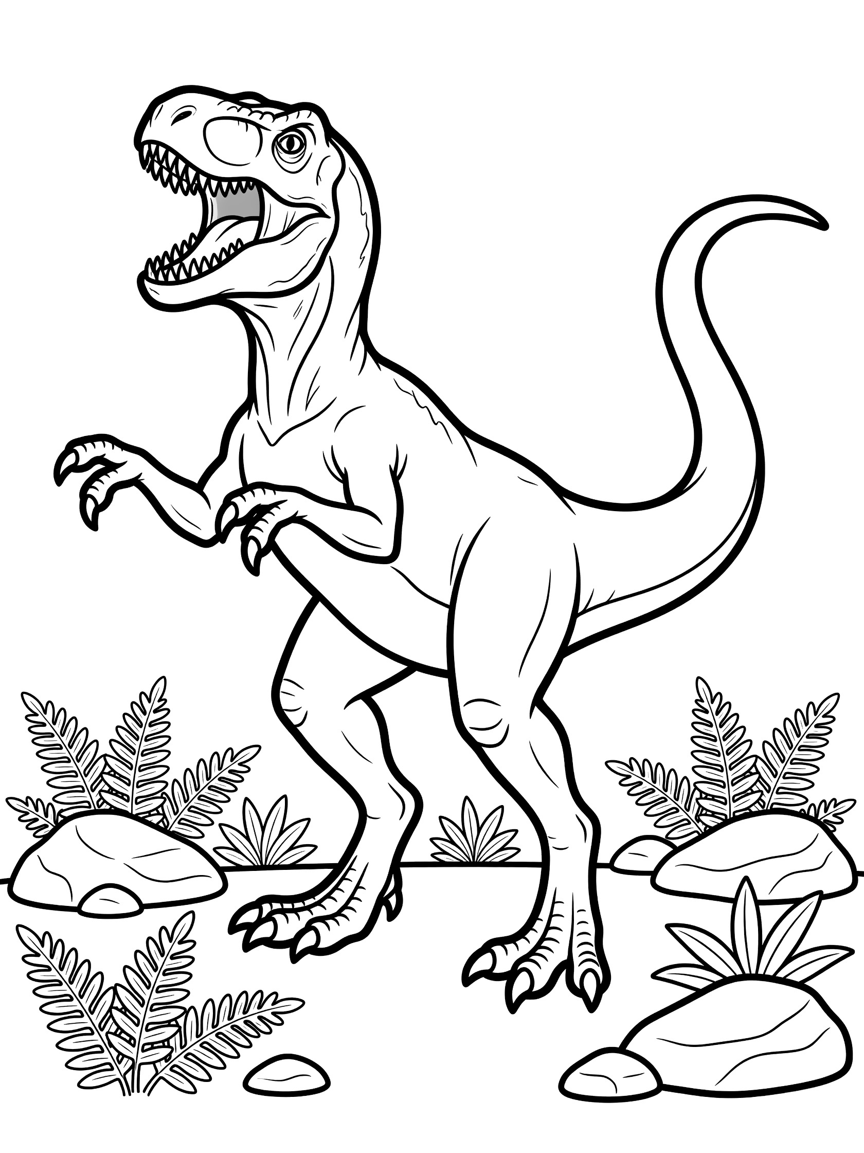 Black and white line art coloring page showing a T-Rex dinosaur standing on hind legs, mouth open roaring, front claws raised, tail arched, surrounded by ferns and rocks. Deinonychus themed black and white printable line art