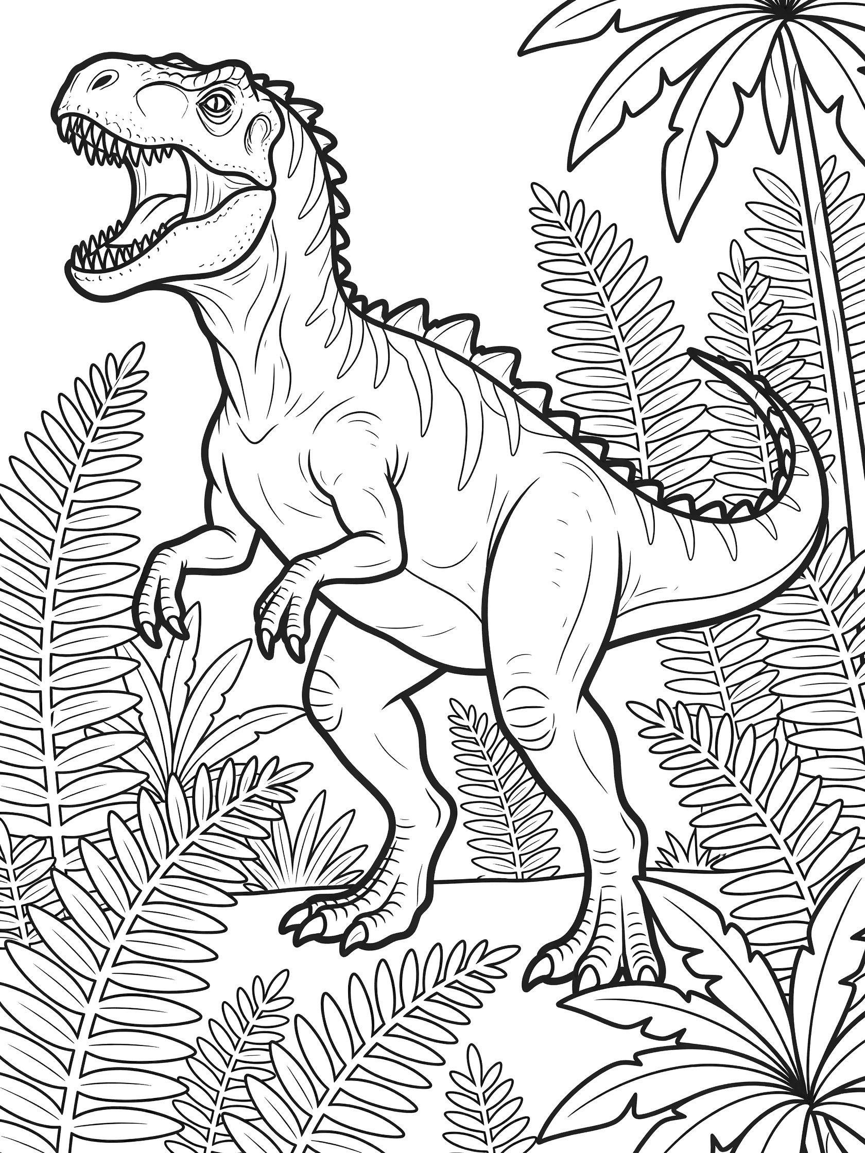 Black and white line art coloring page showing a T-Rex dinosaur standing on two legs, roaring with big open mouth full of teeth, tiny arms, spiky back plates, long tail, and jungle ferns and palm trees around it. Allosaurus themed black and white printable line art