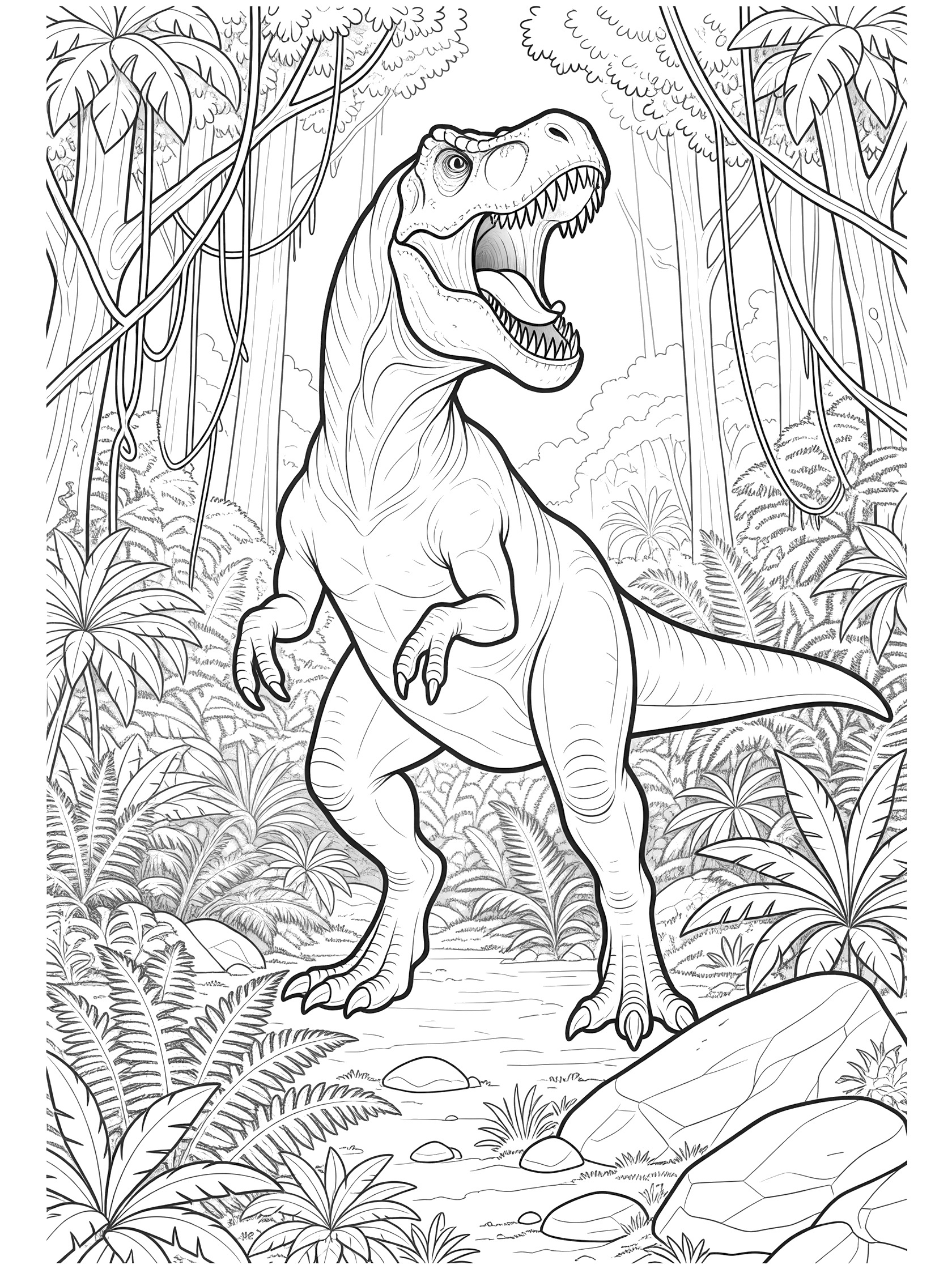 Black and white line art coloring page showing an Indominus Rex dinosaur standing tall in jungle, mouth open roaring with sharp teeth, surrounded by vines, ferns, trees, and rocks.