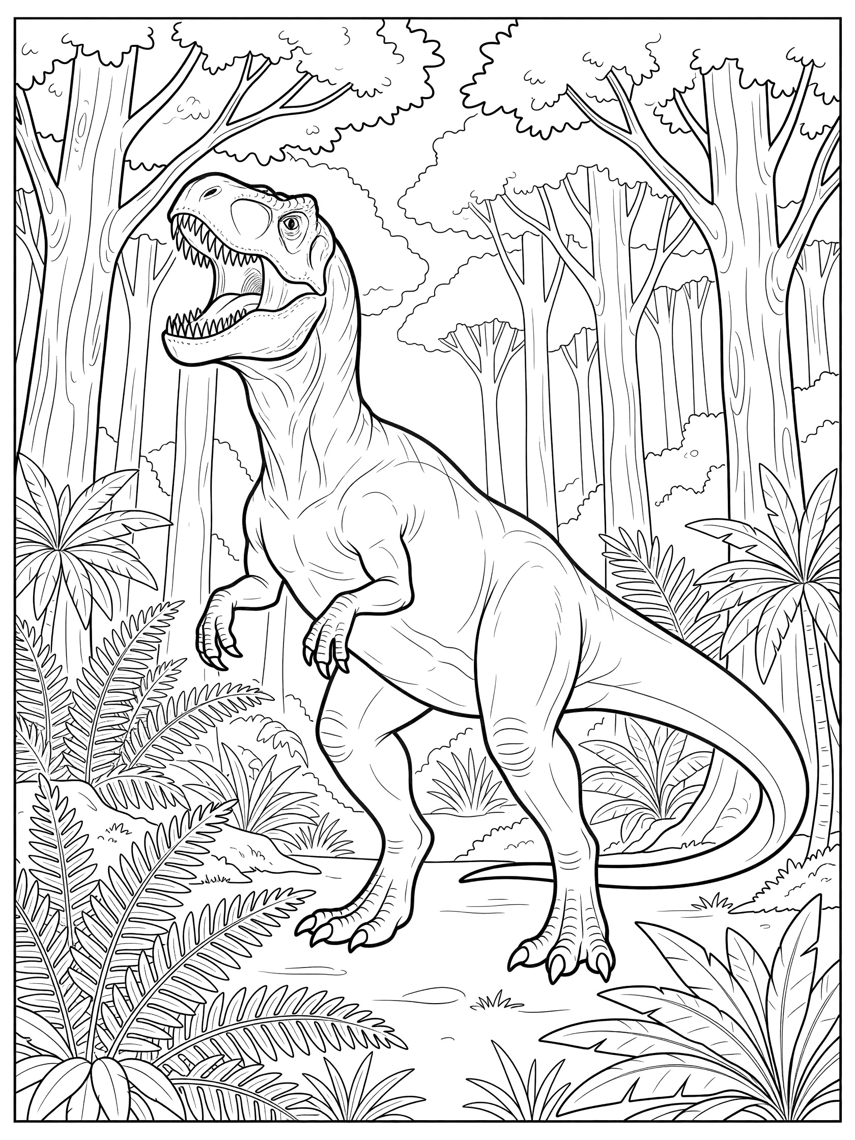 Black and white line art coloring page showing a T-Rex dinosaur rearing up roaring fiercely with wide open mouth, sharp teeth, long tail, strong legs, surrounded by ferns and trees in a prehistoric forest. Giganotosaurus themed black and white printable line art