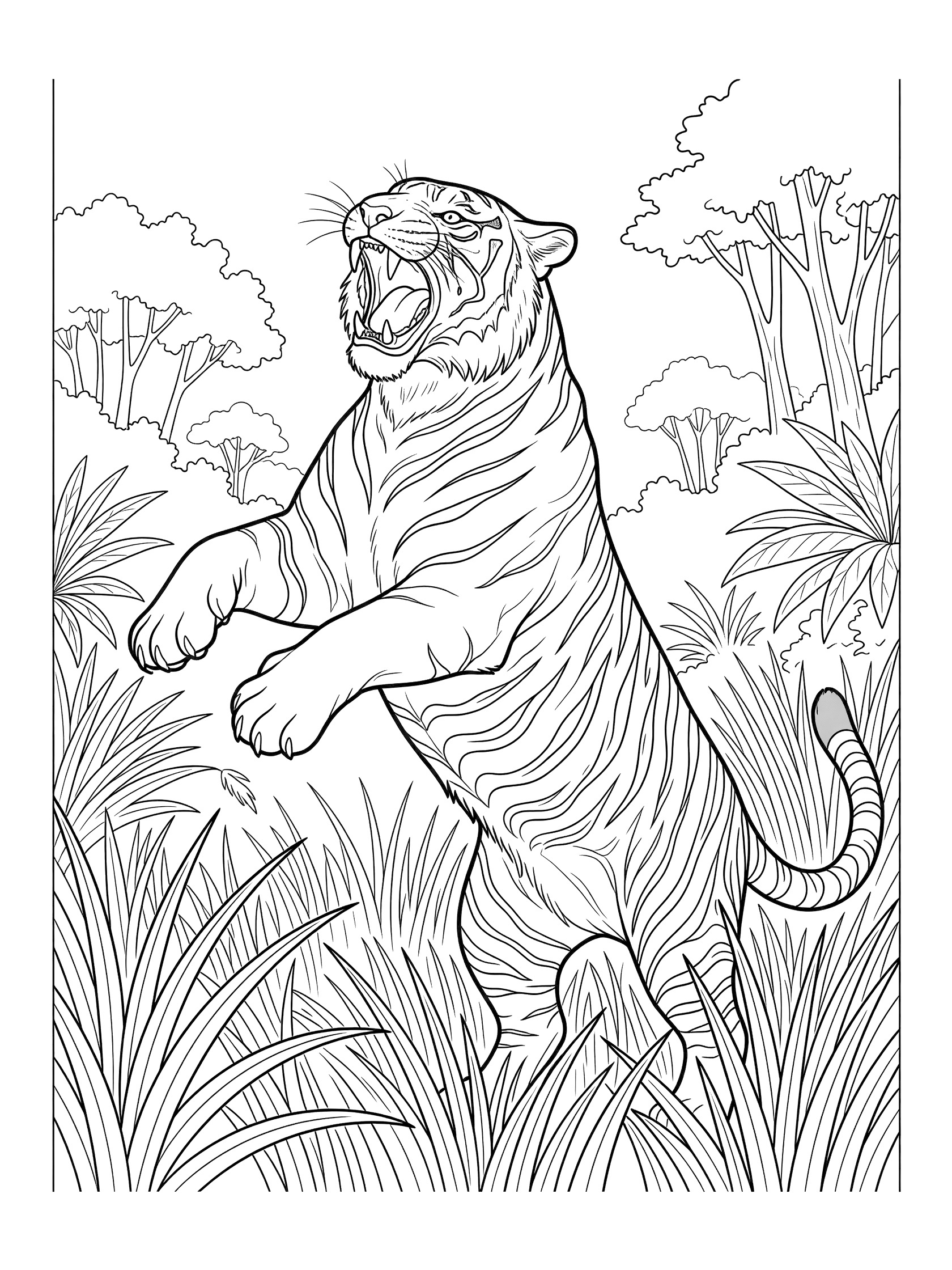 Black and white coloring page of a tiger standing on hind legs with mouth open roaring, surrounded by jungle grasses and distant trees