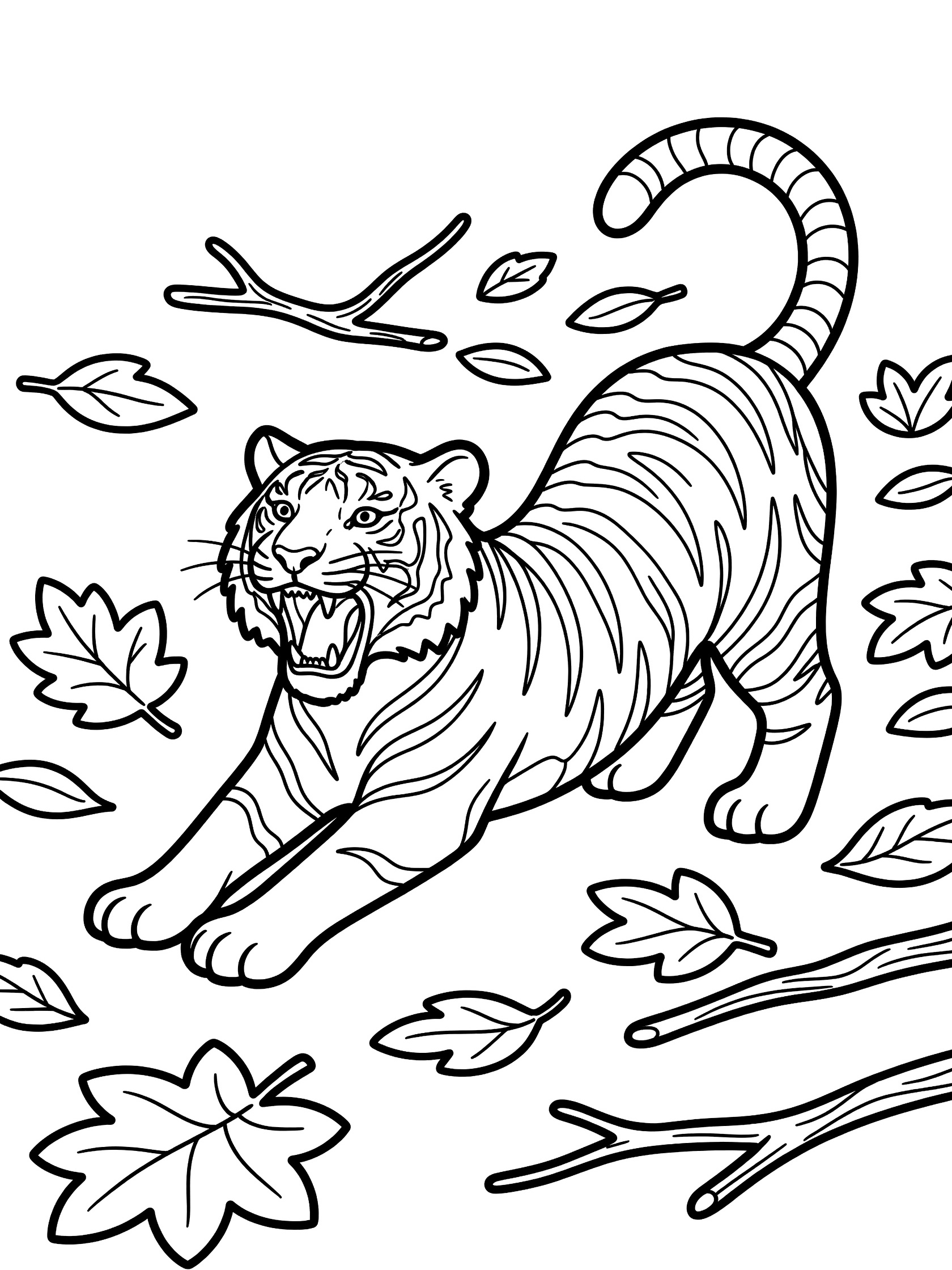 Black and white line art coloring page showing a tiger with wide open mouth roaring, front paws stretched forward, tail curled up, surrounded by scattered fall leaves and small twigs on the forest floor.
