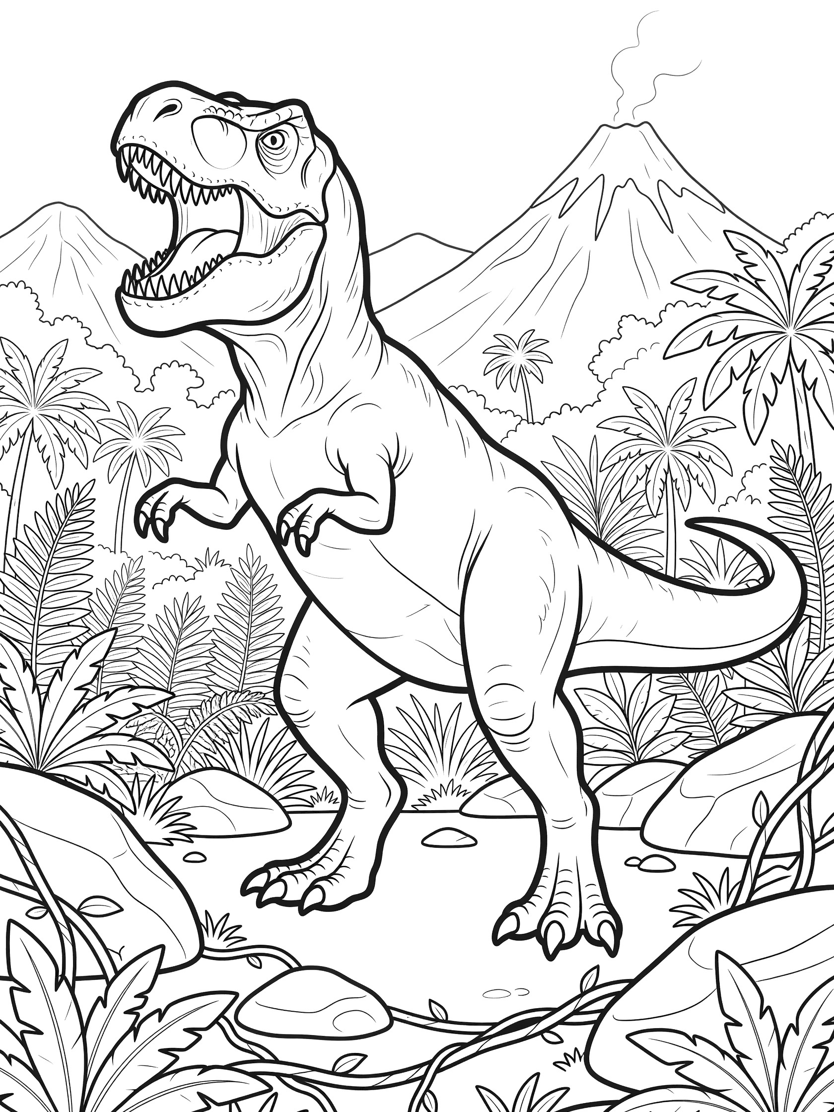 Black and white line art of a Tyrannosaurus Rex dinosaur rearing up roaring with open mouth and sharp teeth, surrounded by jungle ferns, rocks, vines, palm trees, mountains, and volcano.