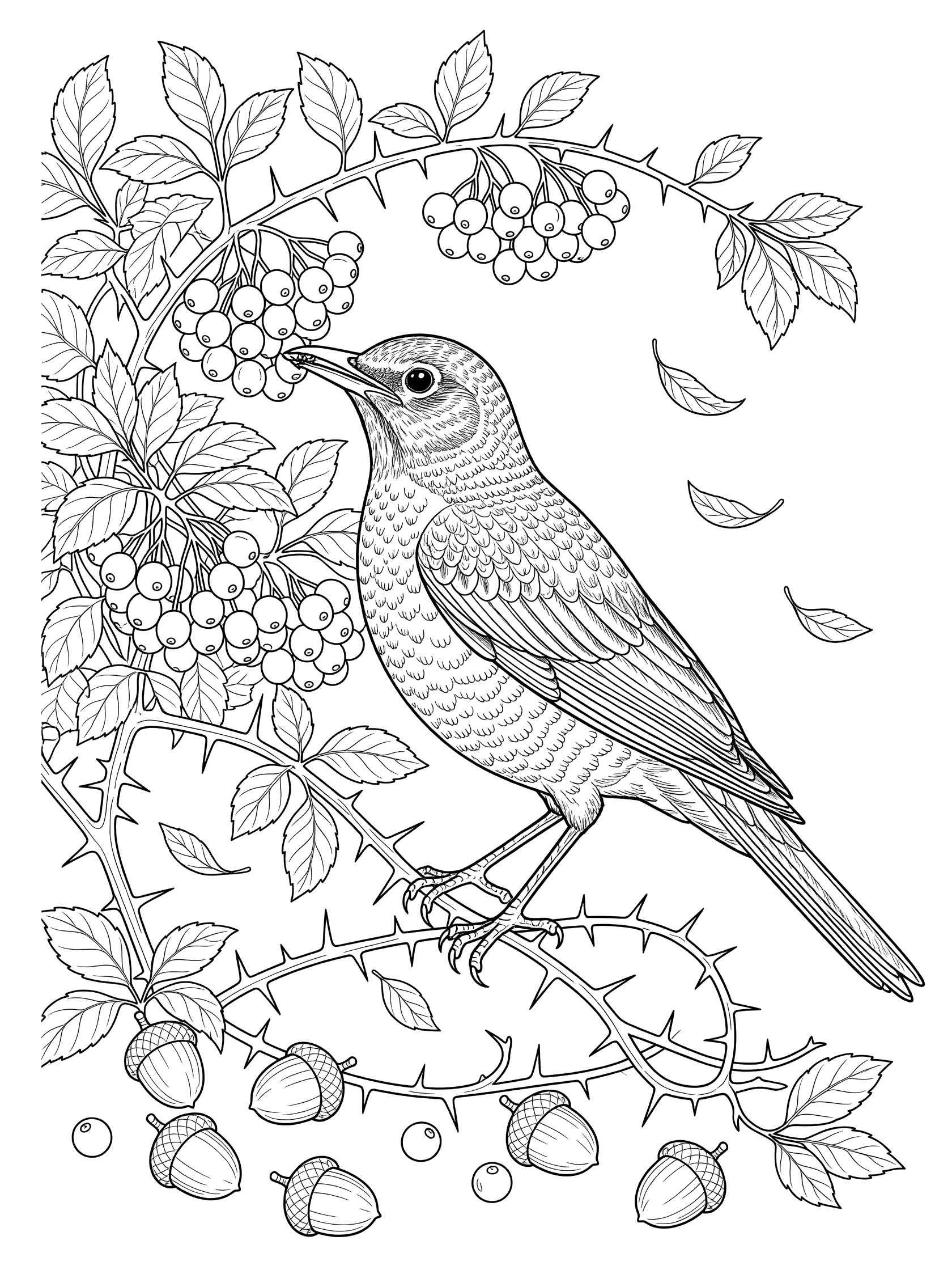 Black and white coloring page showing a detailed robin bird eating berries from a thorny bush with falling leaves and acorns on the ground.
