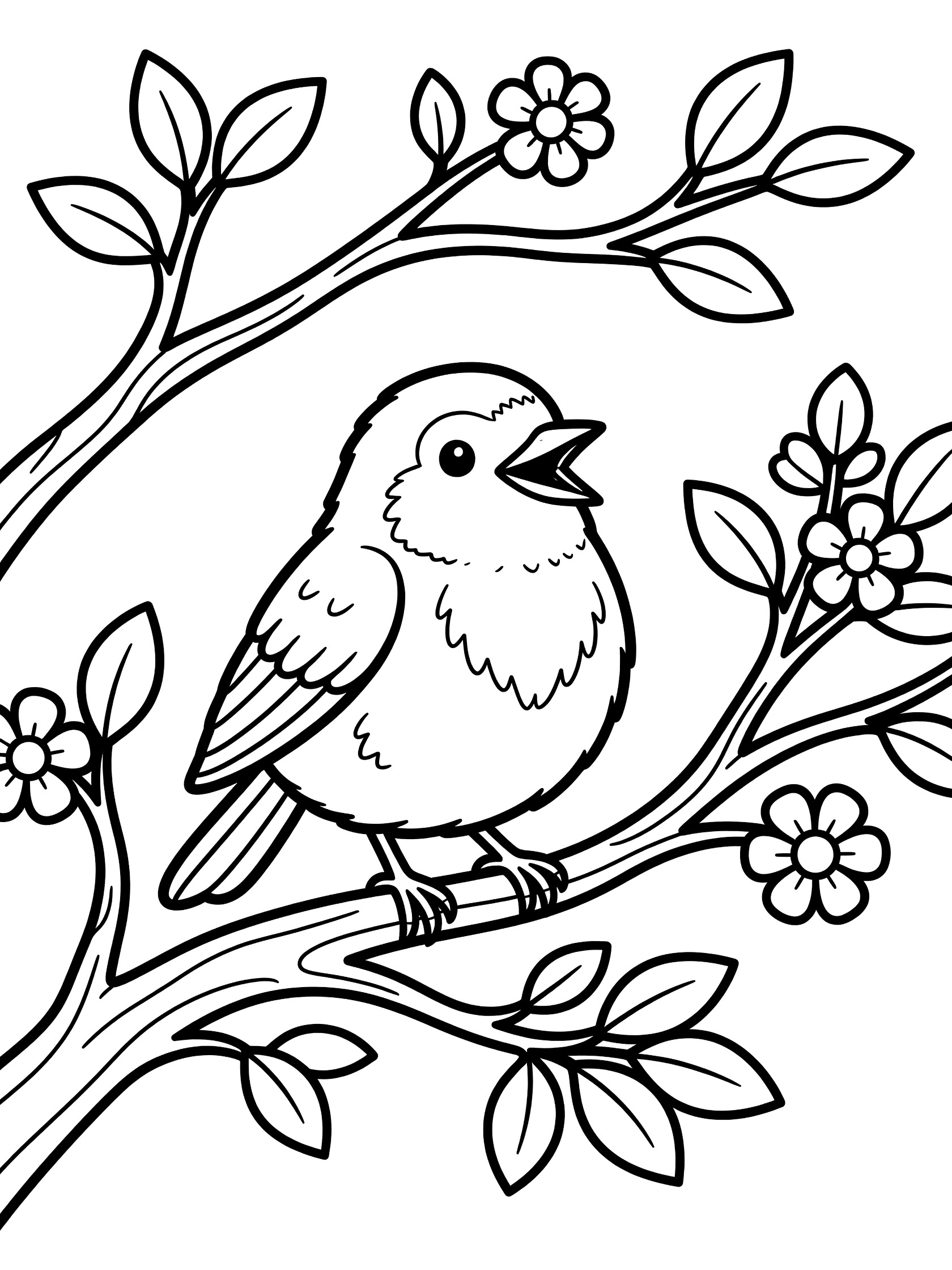 Cute robin bird on a tree branch with simple leaves and flowers, black and white line art coloring page for kids