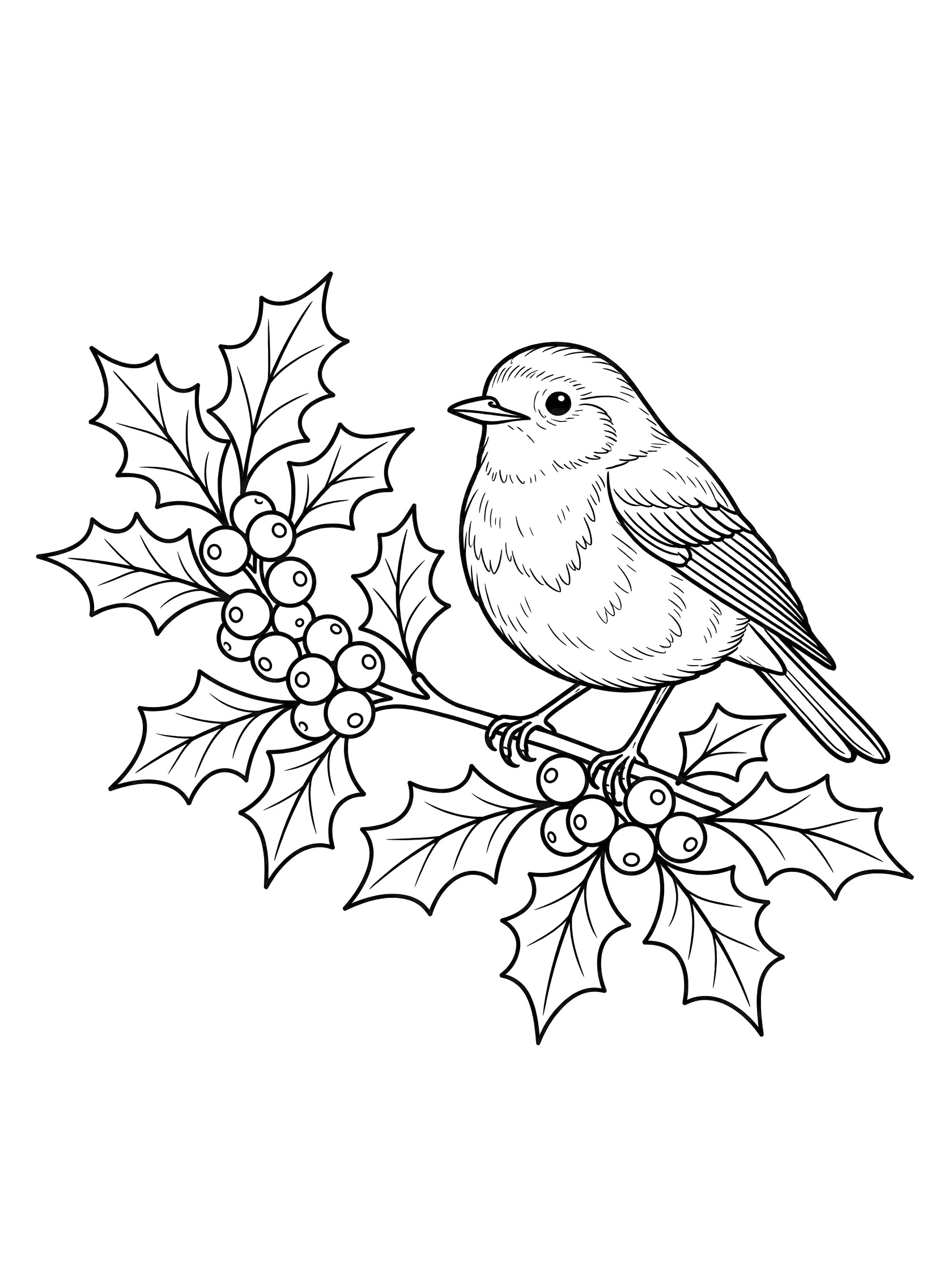 Black and white coloring page of a robin bird sitting on a holly branch with leaves and berries. Holly Leaf themed black and white printable line art