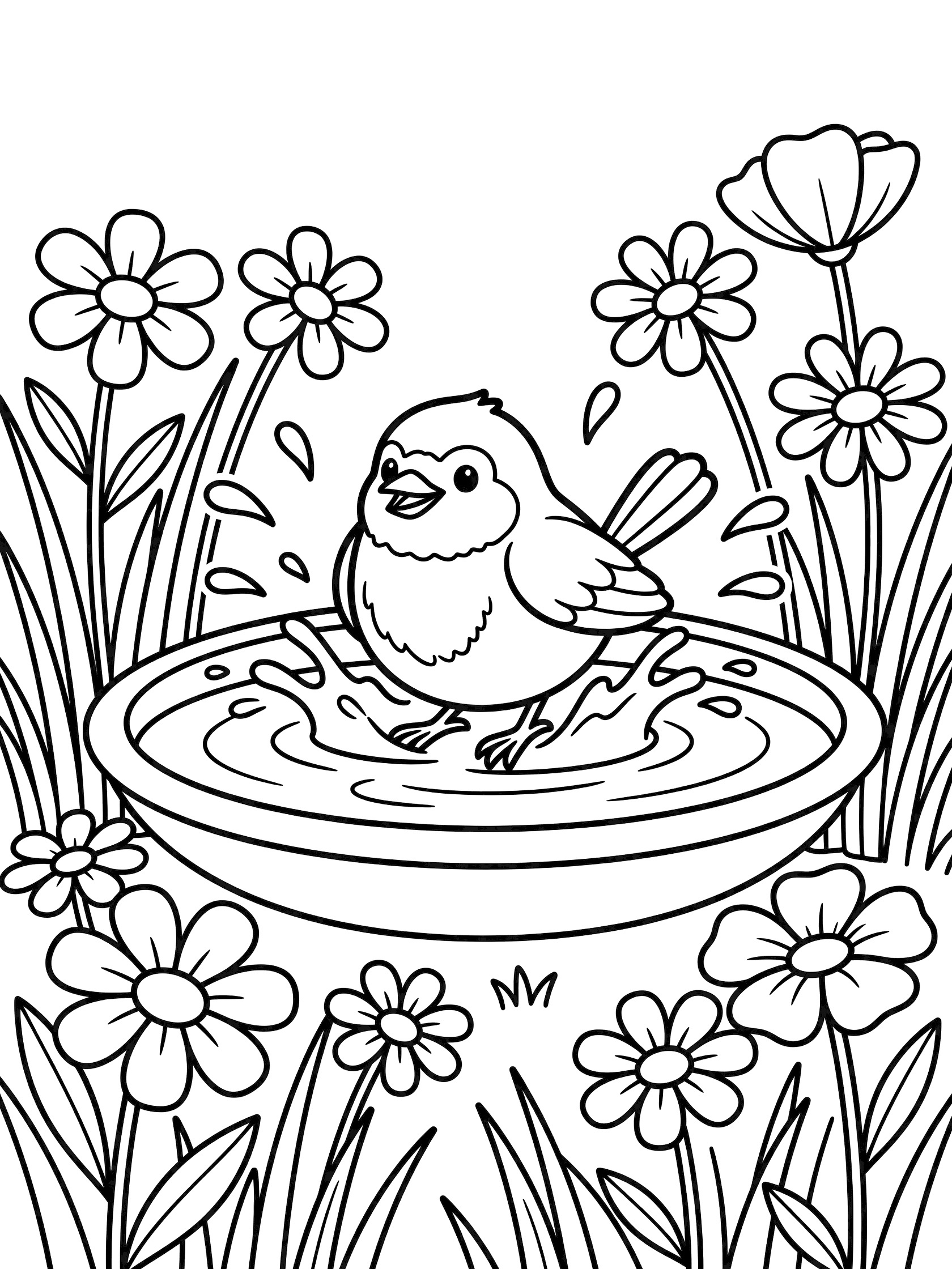 Black and white line art coloring page showing a small bird splashing water in a round birdbath surrounded by flowers and tall grass blades