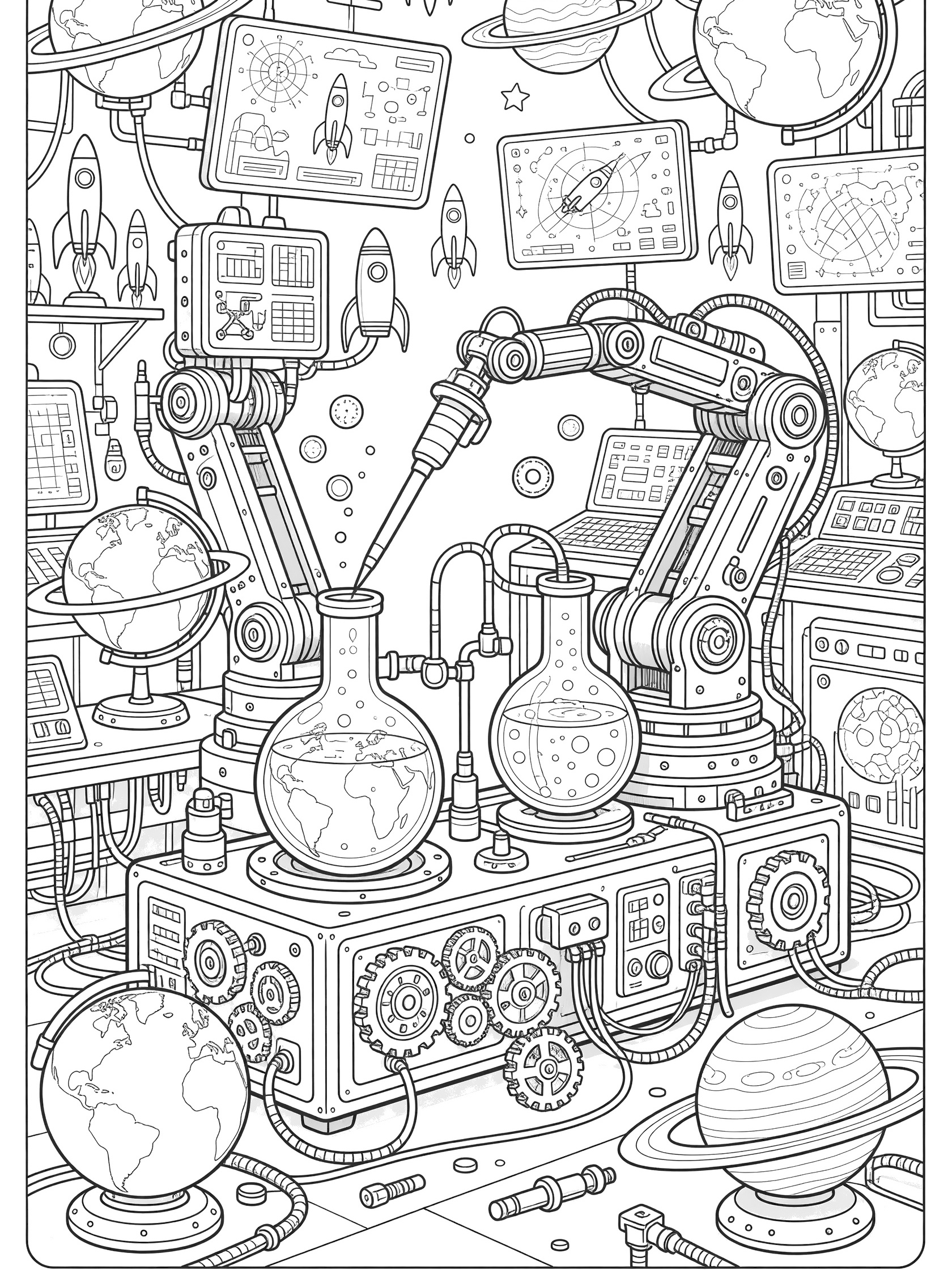 Black-and-white line art of robot arms using a pipette to mix chemicals between flasks in a bustling sci-fi technology lab with screens, rocket models, globes, and gears.
