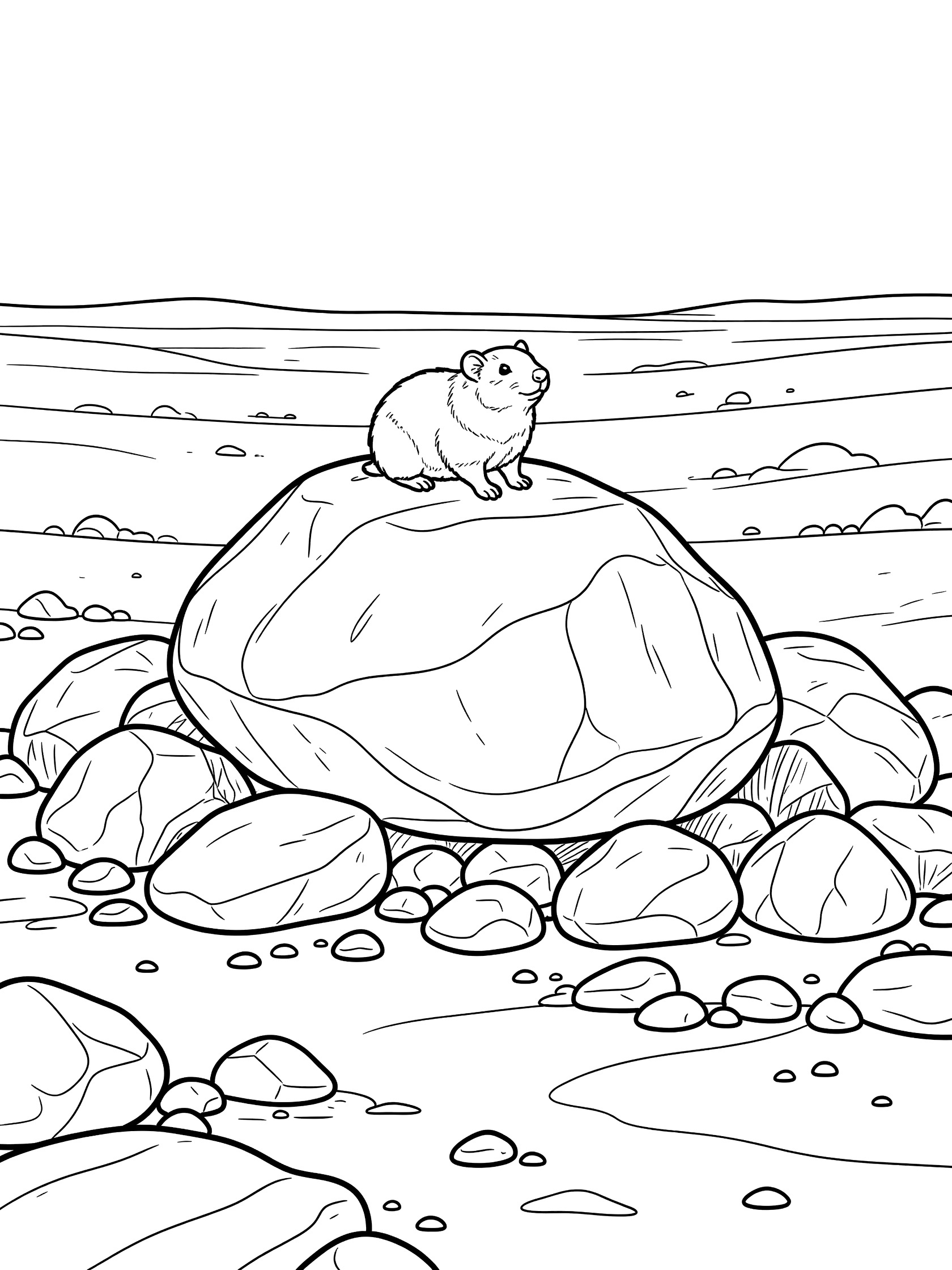 Black-and-white coloring page of a small rock hyrax sitting on a large boulder surrounded by rocks in the Sahara Desert.