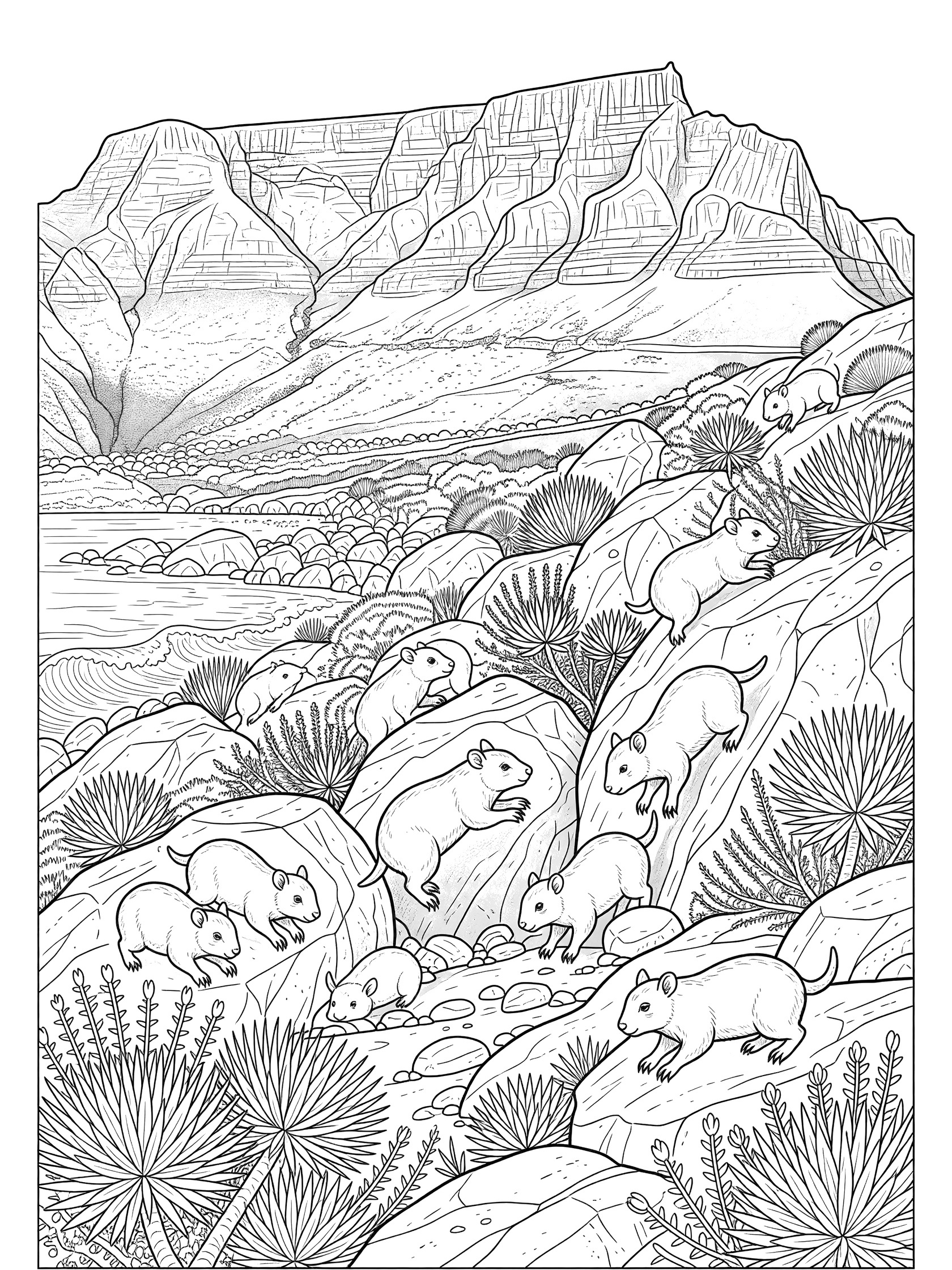 Black and white line art coloring page of several small rock hyrax animals climbing across large rocks and boulders on steep mountain slopes with spiky plants, tall cliffs, distant ocean waves, and pure white background. Table Mountain themed black and white printable line art