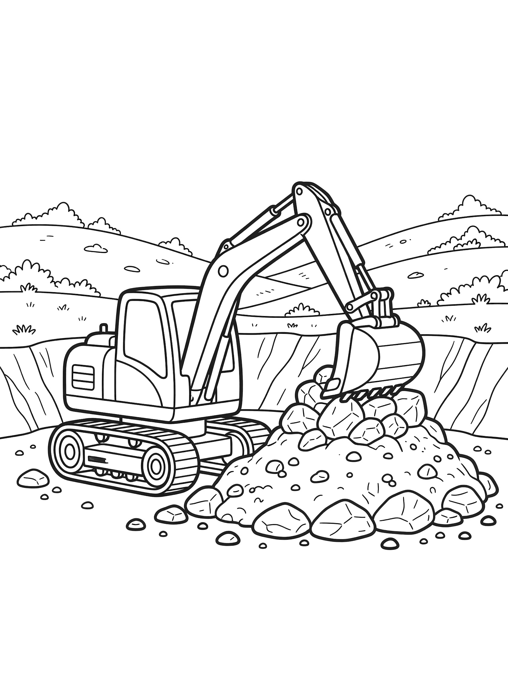 Doodle style line art coloring page of an excavator with a big bucket full of rocks digging into a stone mound, surrounded by hills and doodly bushes.