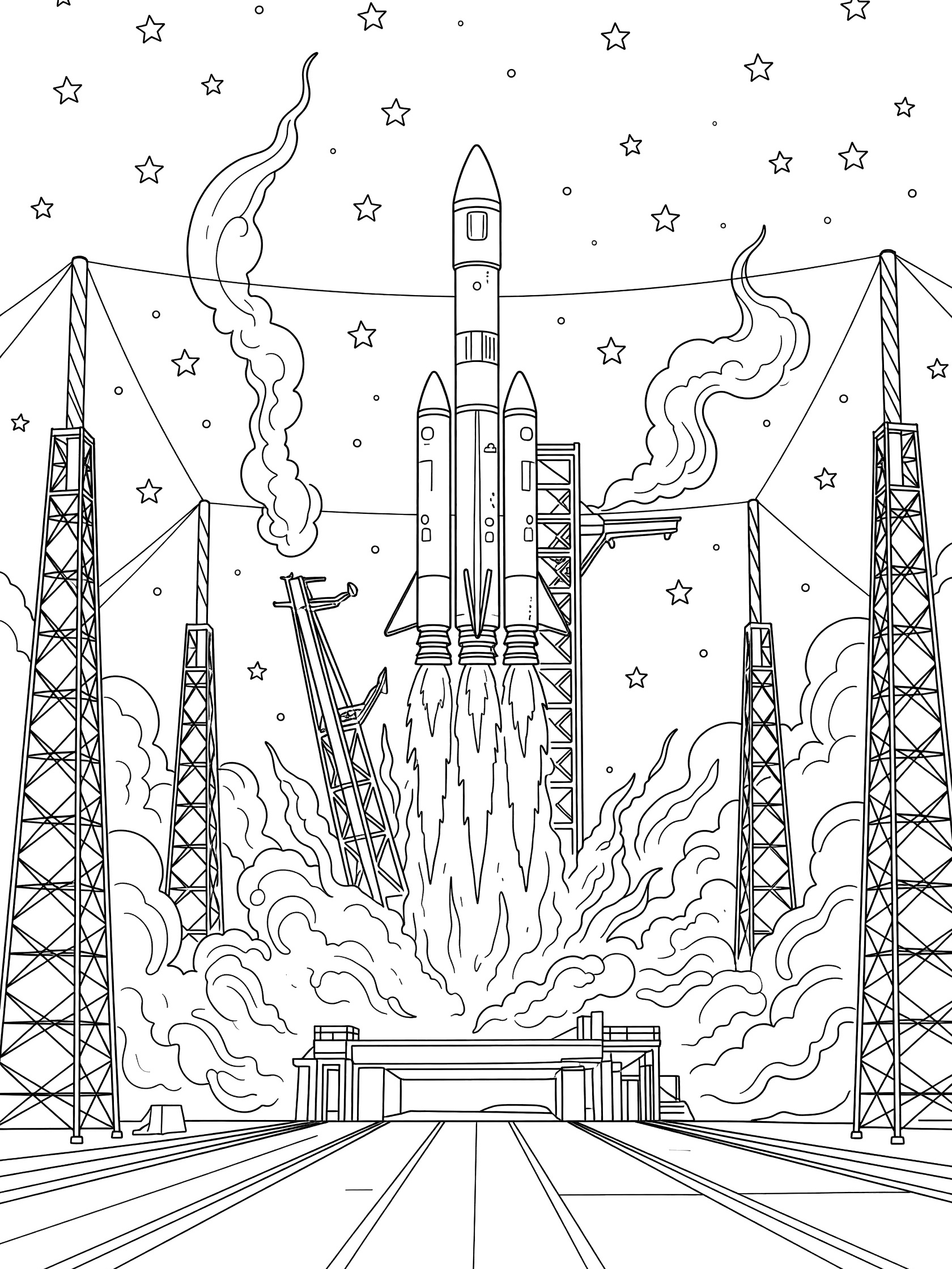 Black-and-white line art of a towering rocket launching from a launch pad, surrounded by service towers, with engine flames, smoke plumes, and stars in the sky.