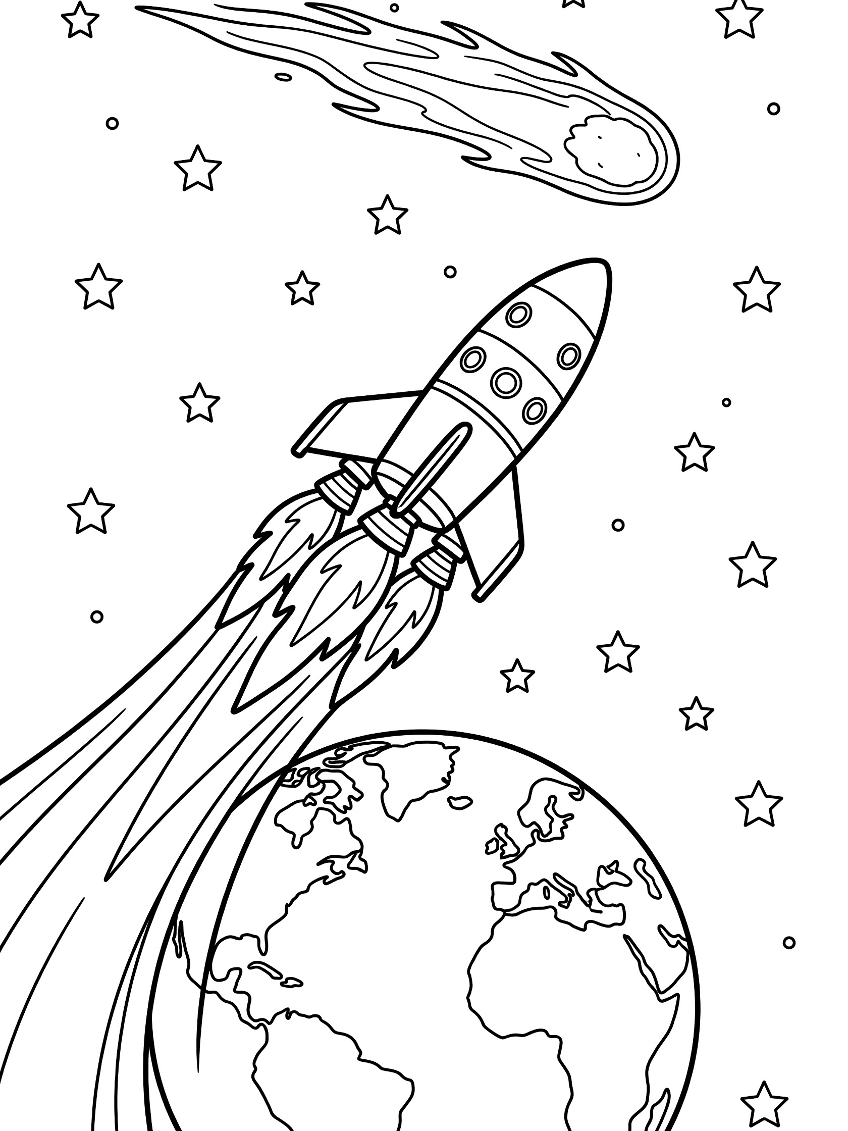 Black and white line art coloring page showing a rocket ship launching from a round Earth planet with flame trails toward a comet with tail, surrounded by stars. Comet Probe themed black and white printable line art