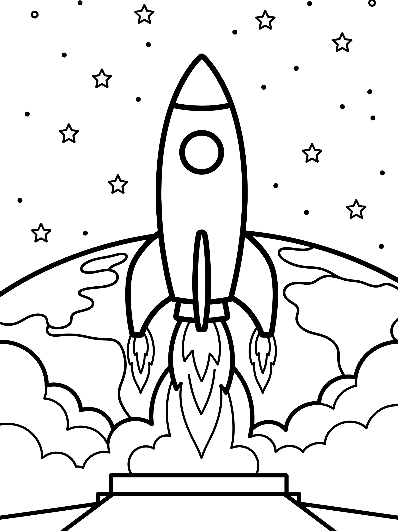 Black and white line art coloring page showing a tall rocket booster launching upward from a launch pad with bright flames and smoke, starry sky background, and curved Earth below.