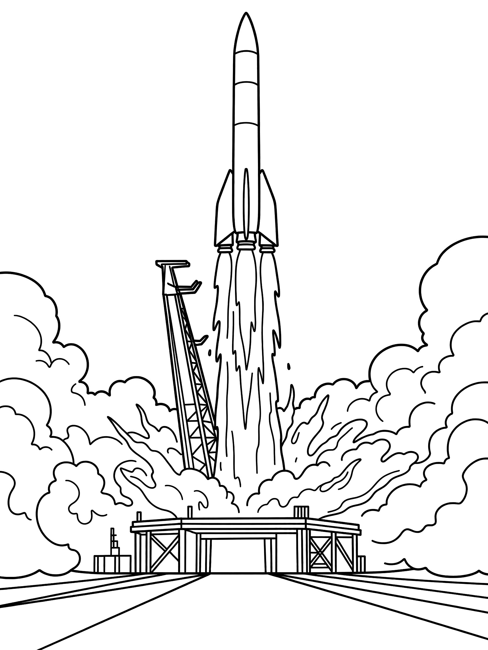 Black-and-white line art of a rocket booster igniting engines and lifting off from a launch pad with flames and smoke.