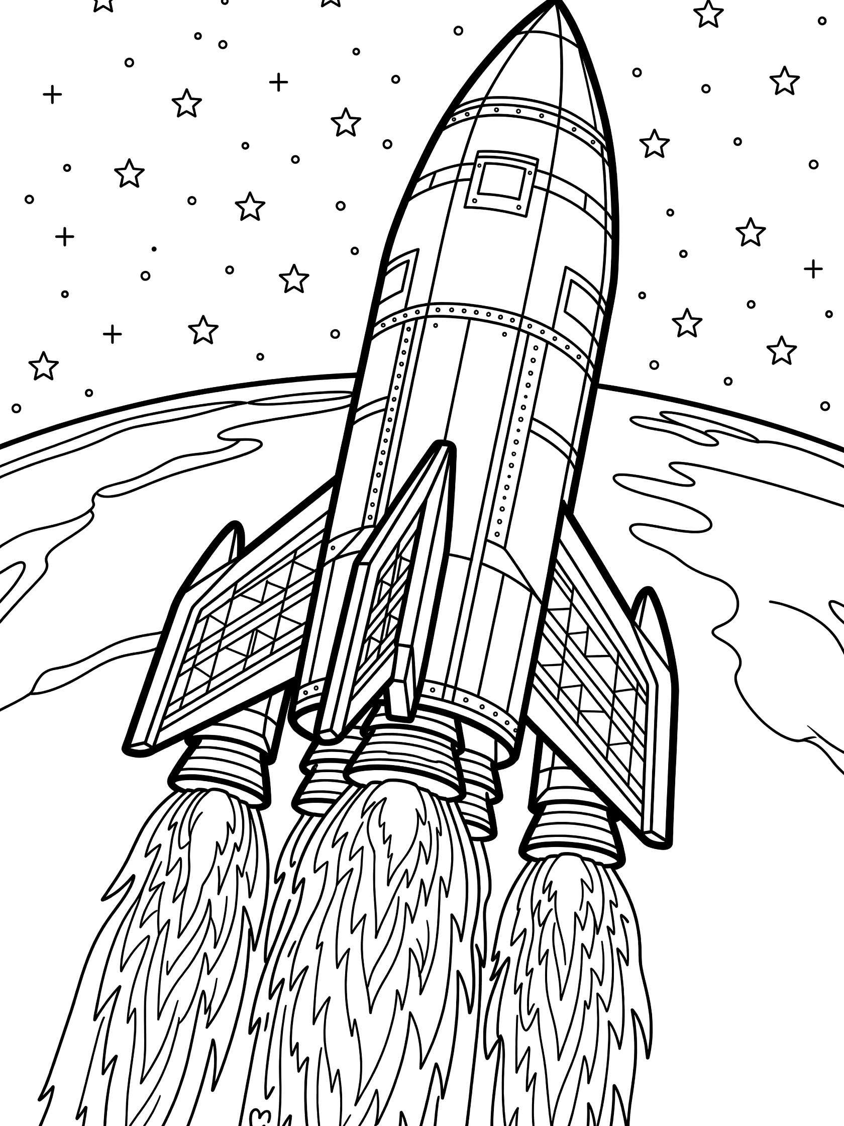 Black and white line art coloring page showing a rocket booster with multiple engines at the base shooting flames downward, fins, panels, starry sky, and curved Earth horizon.