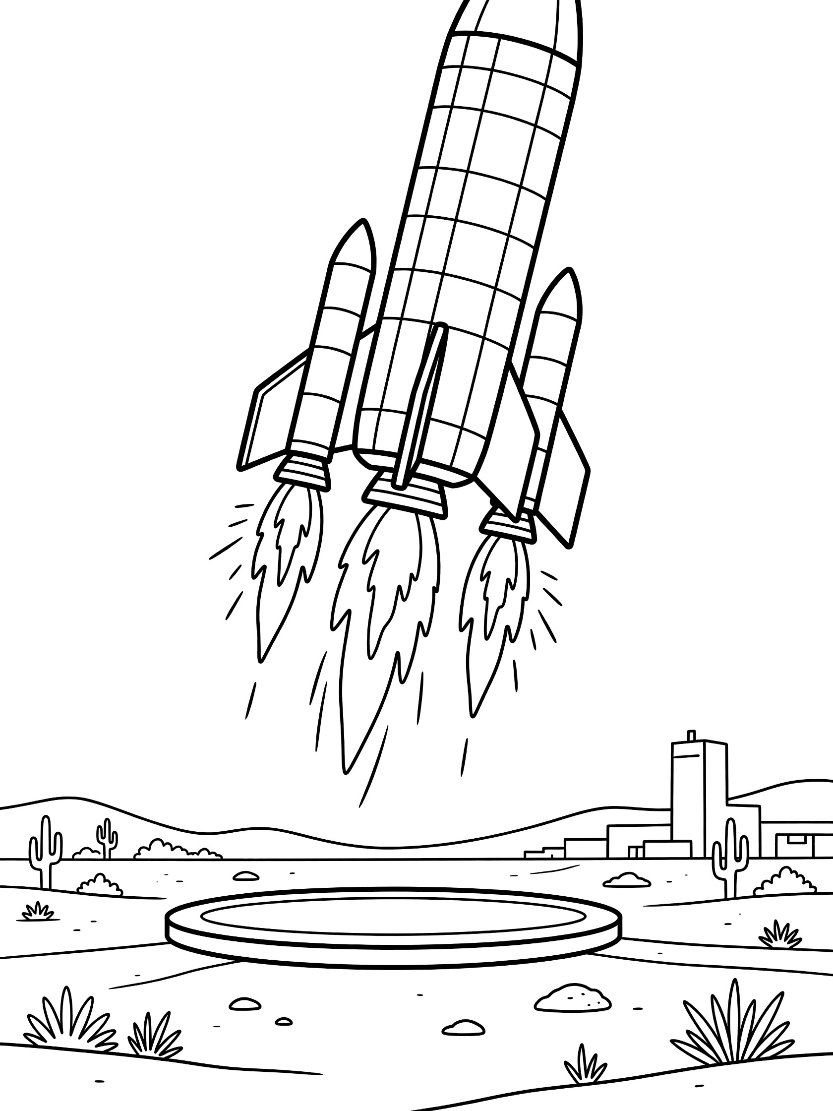 Black and white coloring page of a rocket booster with side retro rockets firing flames, descending to a round landing pad in a desert with cacti and tower.