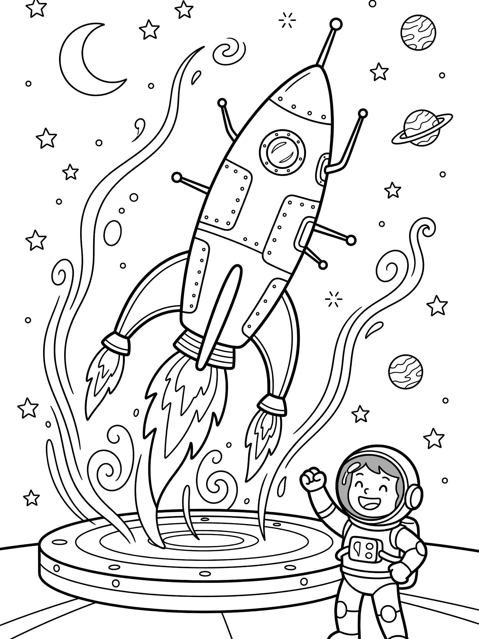 Black and white line art coloring page showing a rocket booster safely landing on a starry platform with deployed legs, swirling exhaust flames, cosmic background, and cartoon astronaut waving