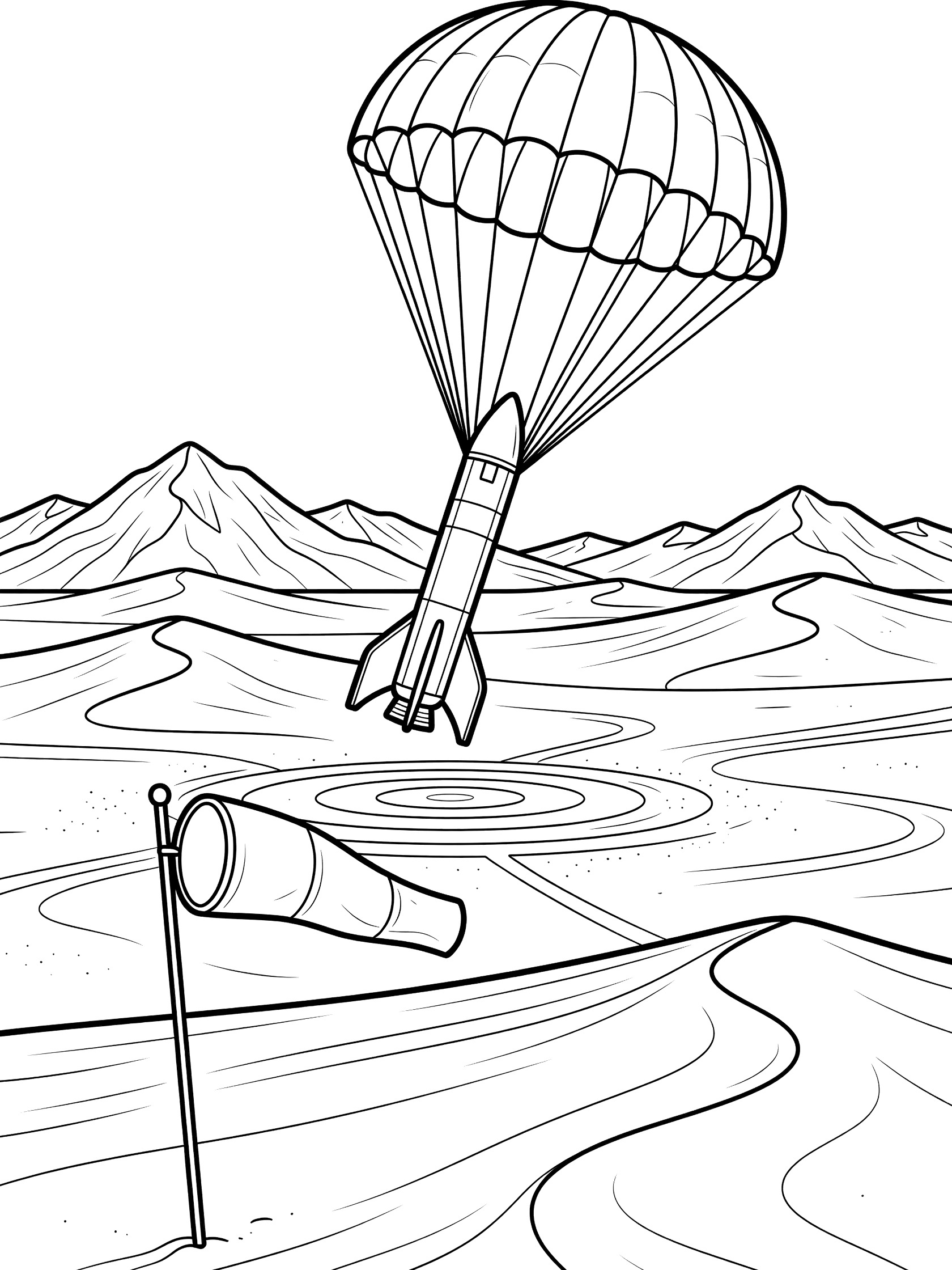 Black and white coloring page of a parachute rocket booster landing in sandy desert with dunes, target circles, distant mountains, and waving wind sock.
