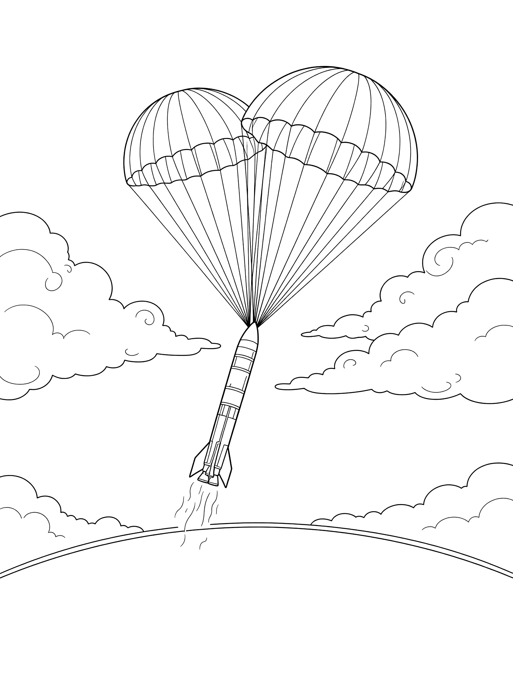 Black and white line art of a rocket booster parachuting down through clouds with Earth's curved horizon below