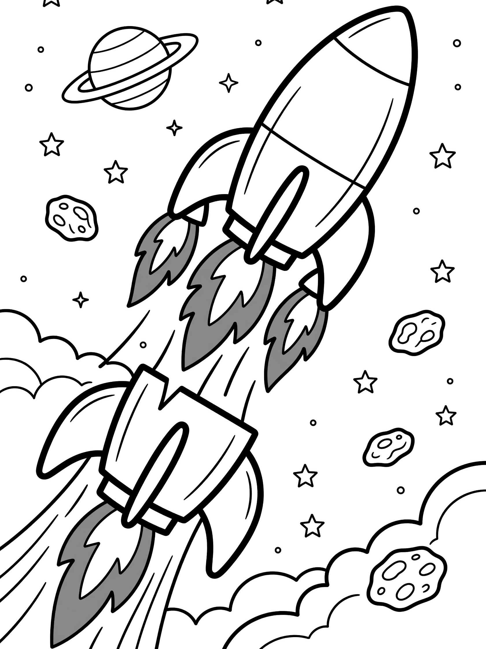 Black-and-white line art of a rocket booster separating from a rocket ship in space, with orange flame outlines, twinkling stars, distant planet, and floating asteroids.