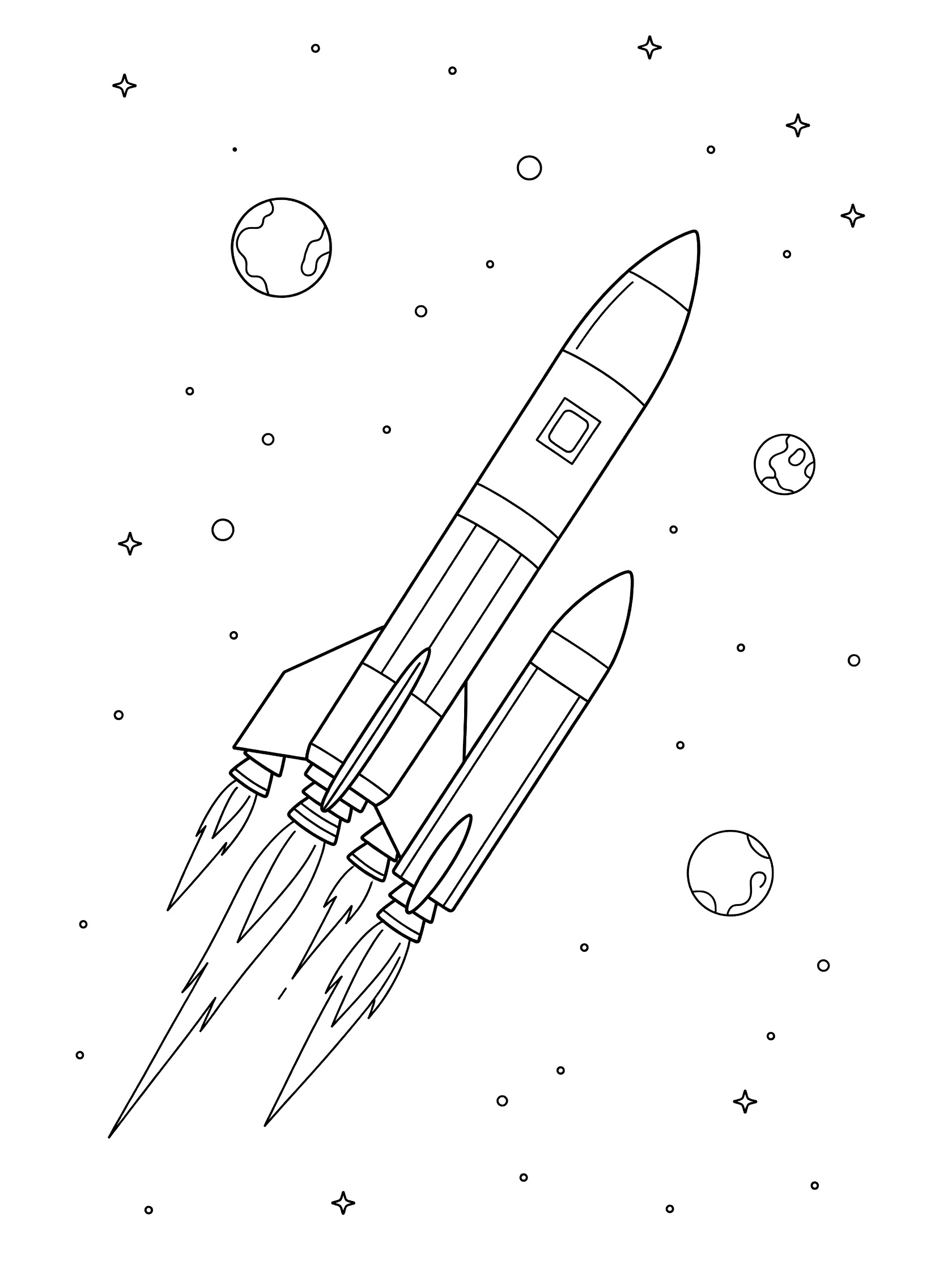 Black-and-white coloring page showing a rocket booster detaching from the main rocket body in deep space, with small thrusters firing, planets, and stars in the background