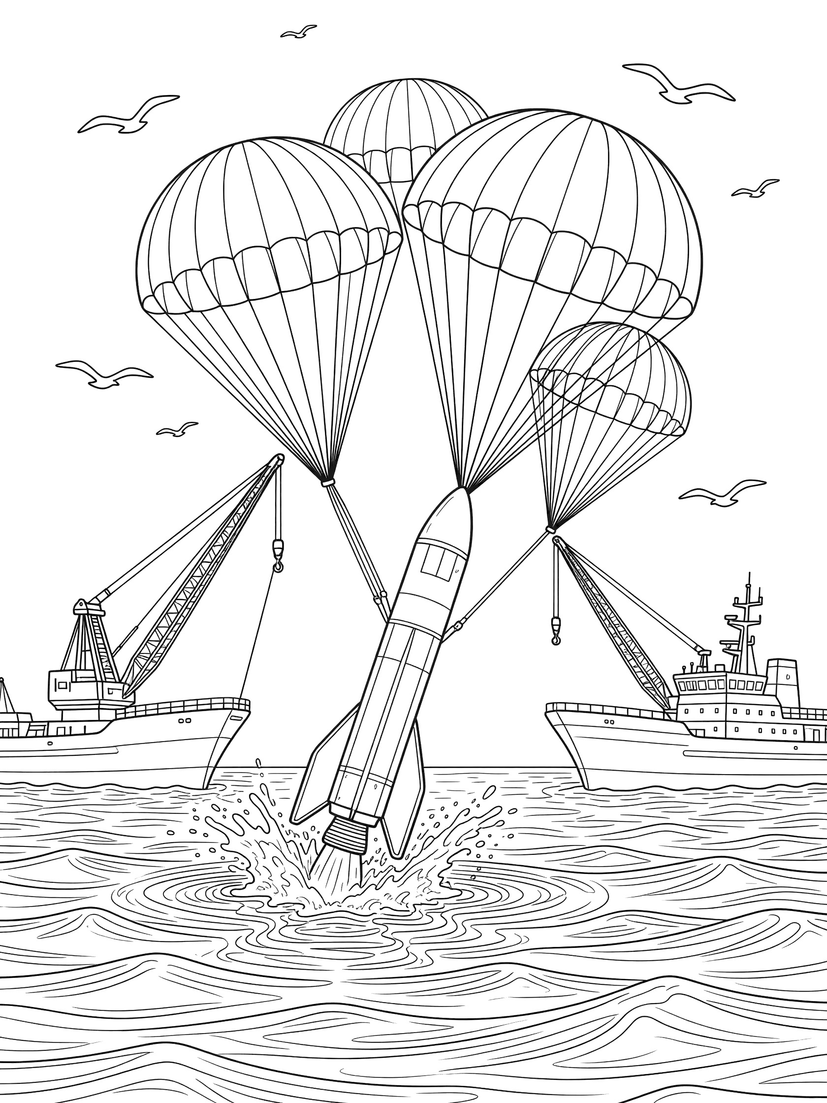 Black-and-white coloring page of a rocket booster landing in the ocean with four parachutes, two recovery ships with cranes, splashing waves, and circling seagulls.