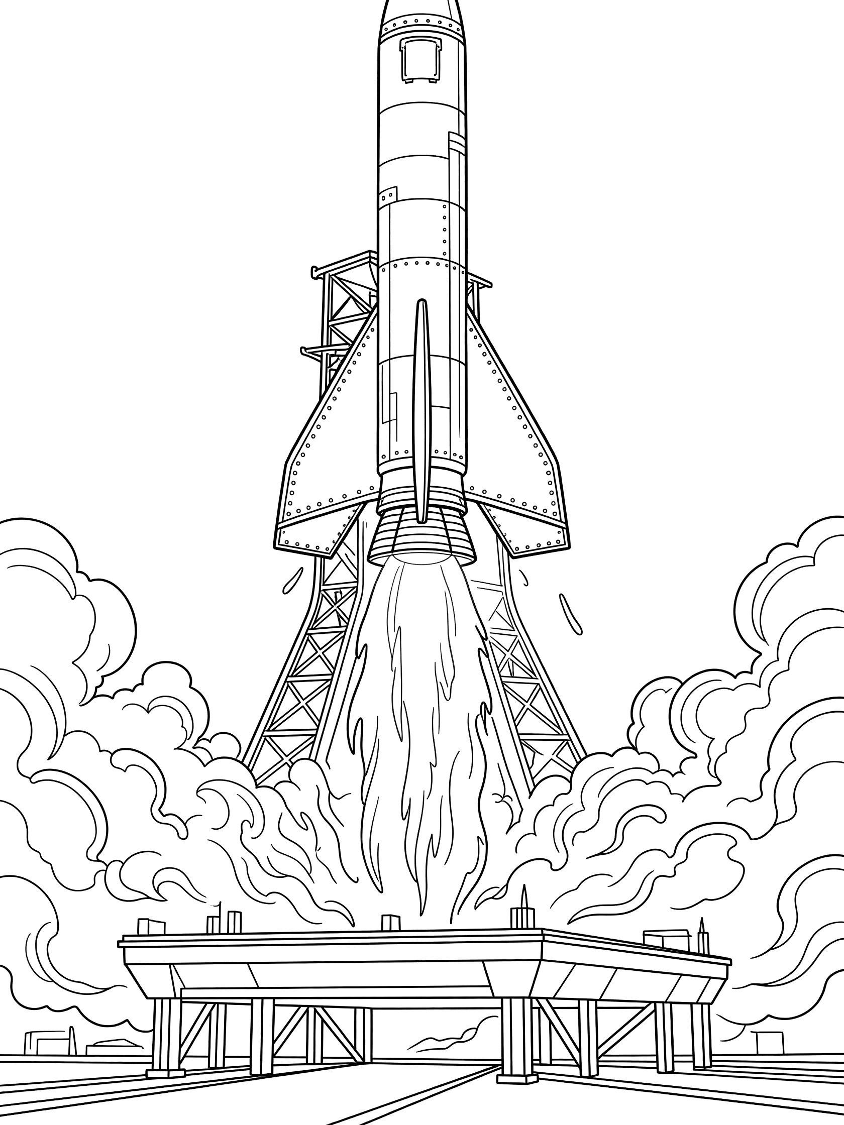 Black and white coloring page showing a rocket with detailed engine nozzle blasting flames from the launch pad