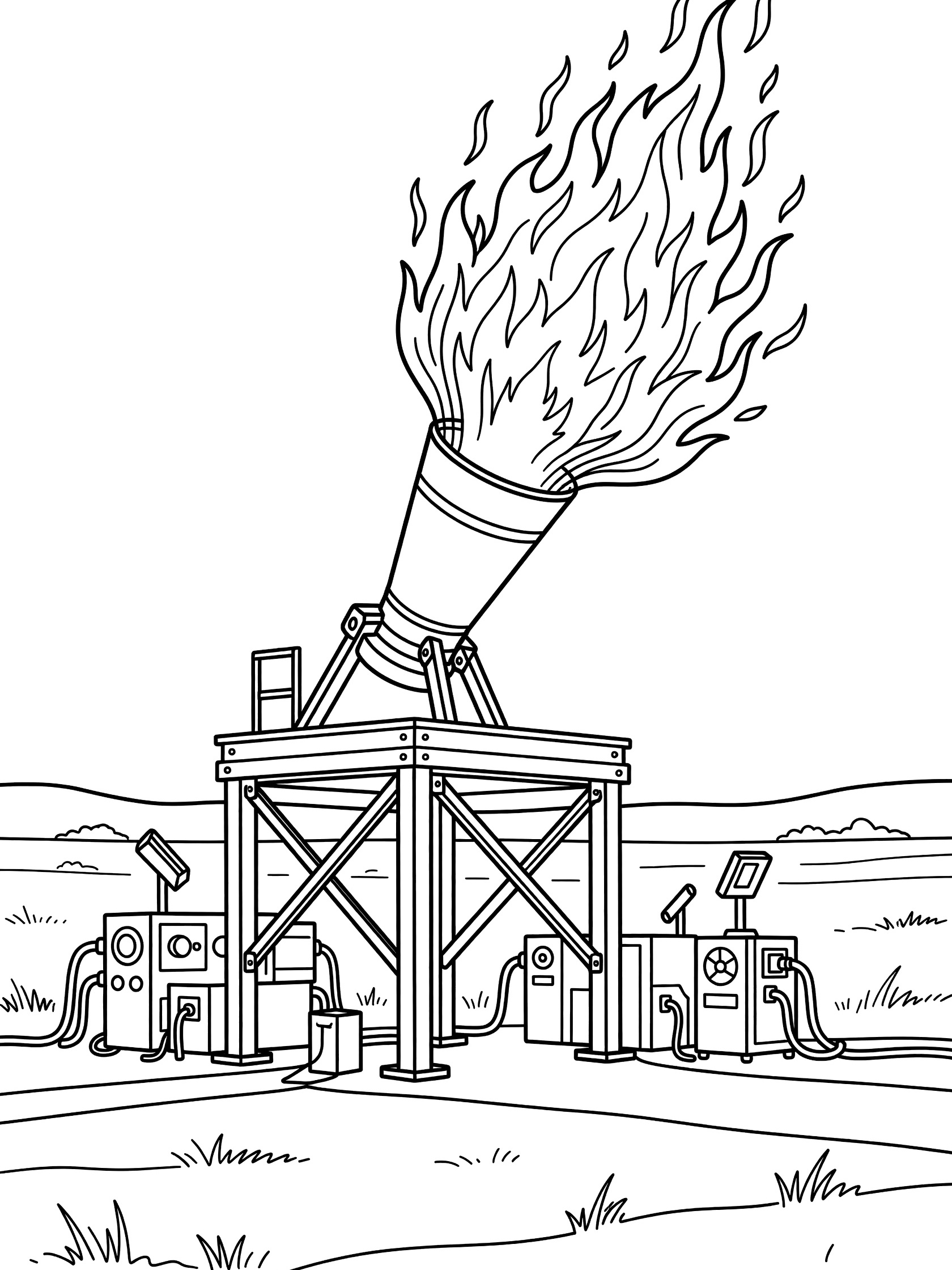 Line drawing of engine nozzle on test stand with flame burst, support struts, monitoring gear, and field background.
