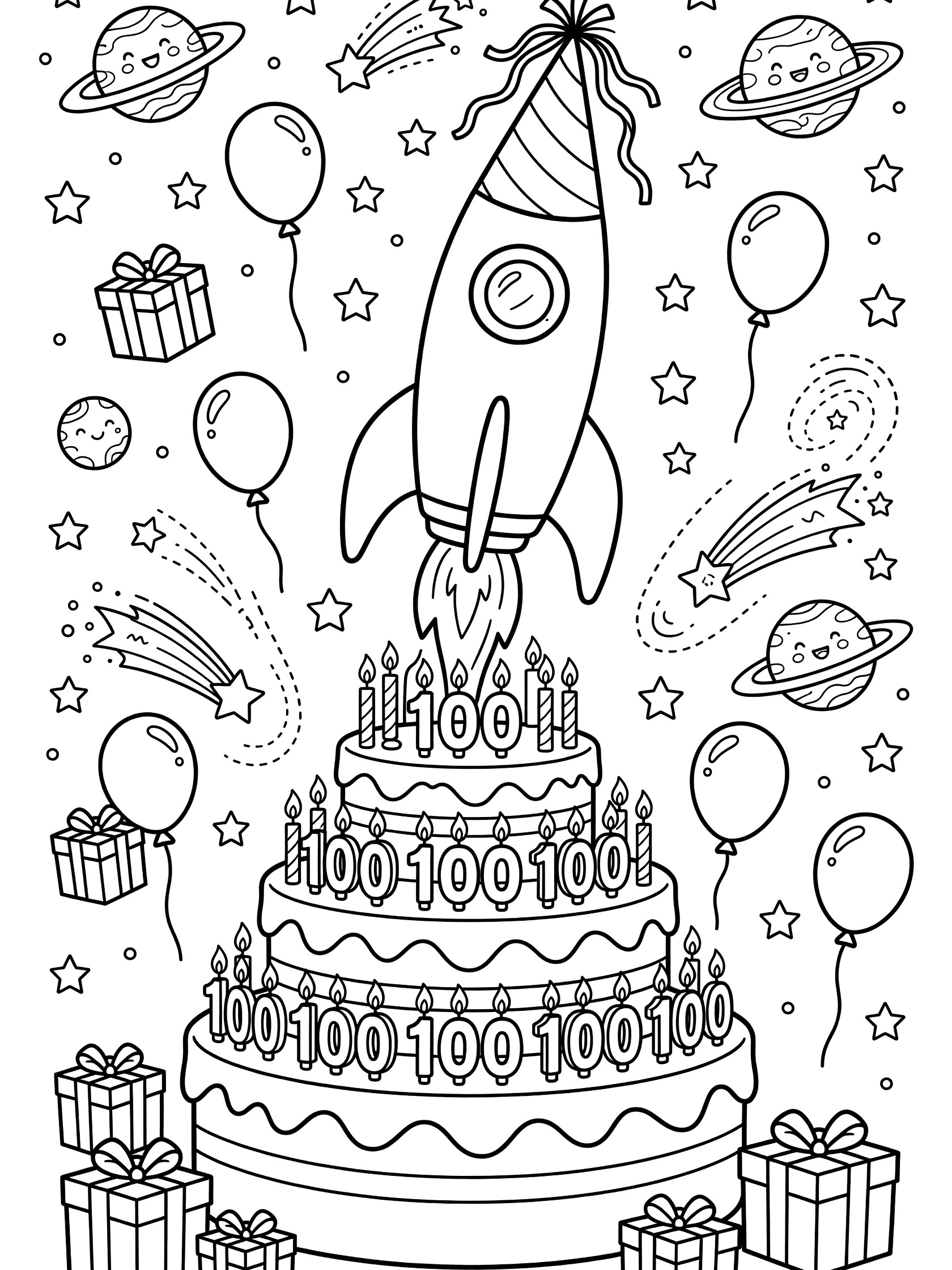 Black and white line art coloring page showing a rocket with party hat launching from a birthday cake with 100 candles, balloons, gifts, and space elements for 100th birthday.