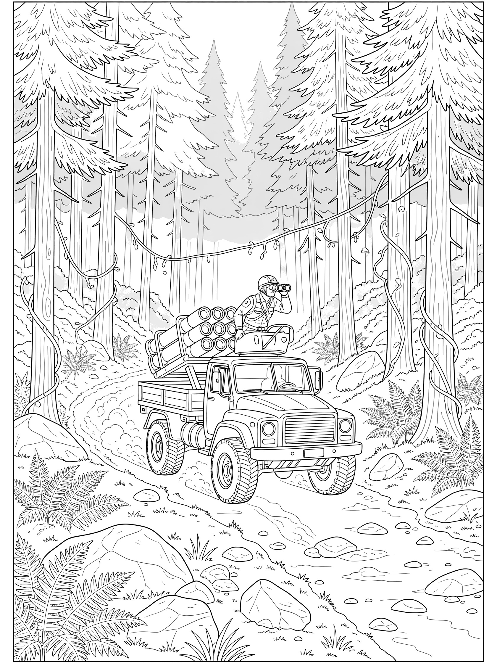Black and white line art coloring page showing a rugged rocket launcher truck driving through a dense forest path lined with pine trees, ferns, and rocks, with a helmeted scout holding binoculars on top.