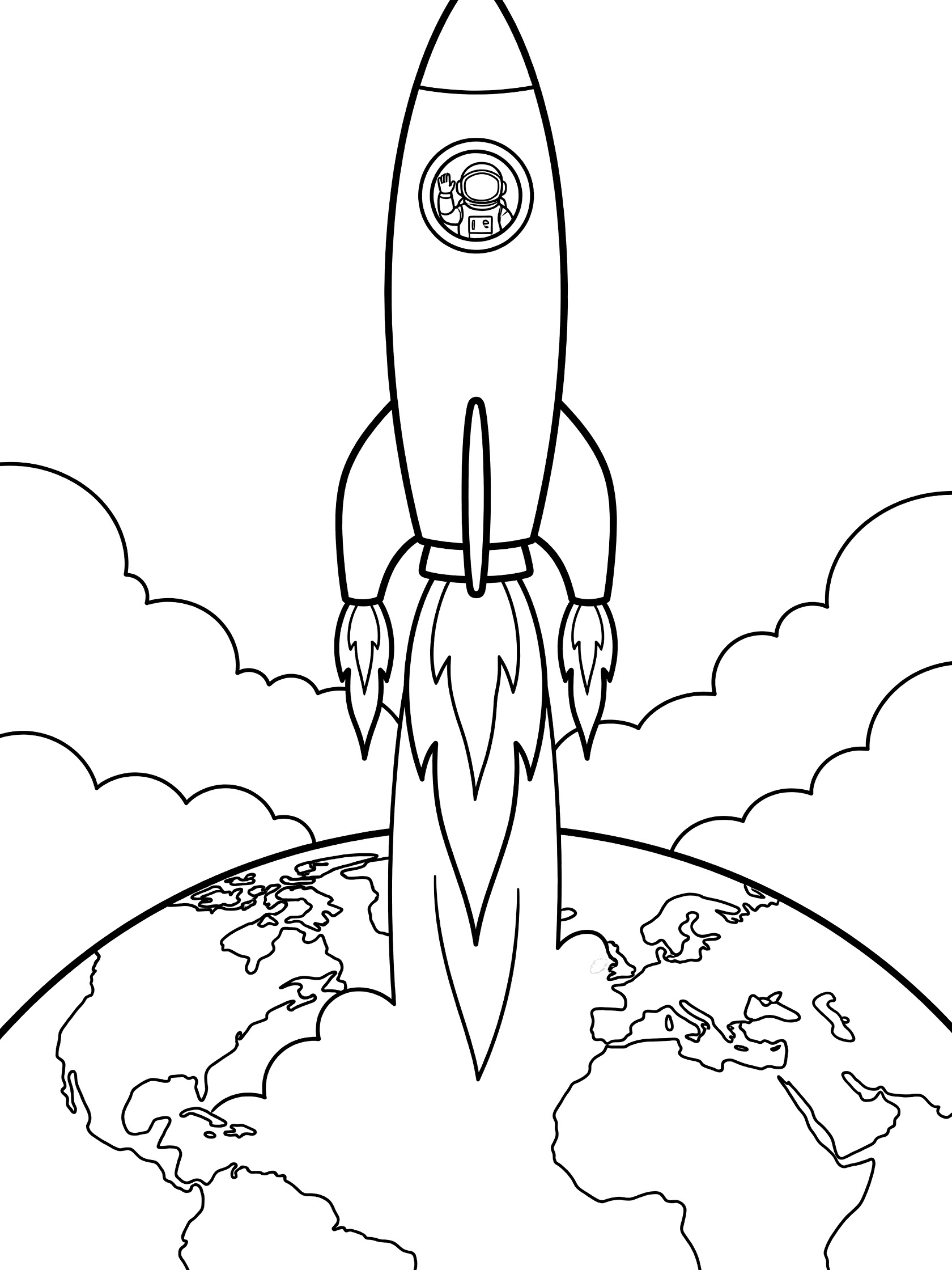Black and white line art coloring page showing a rocket blasting off from Earth with fire flames, clouds, and a round Earth below. Russian Cosmonauts themed black and white printable line art