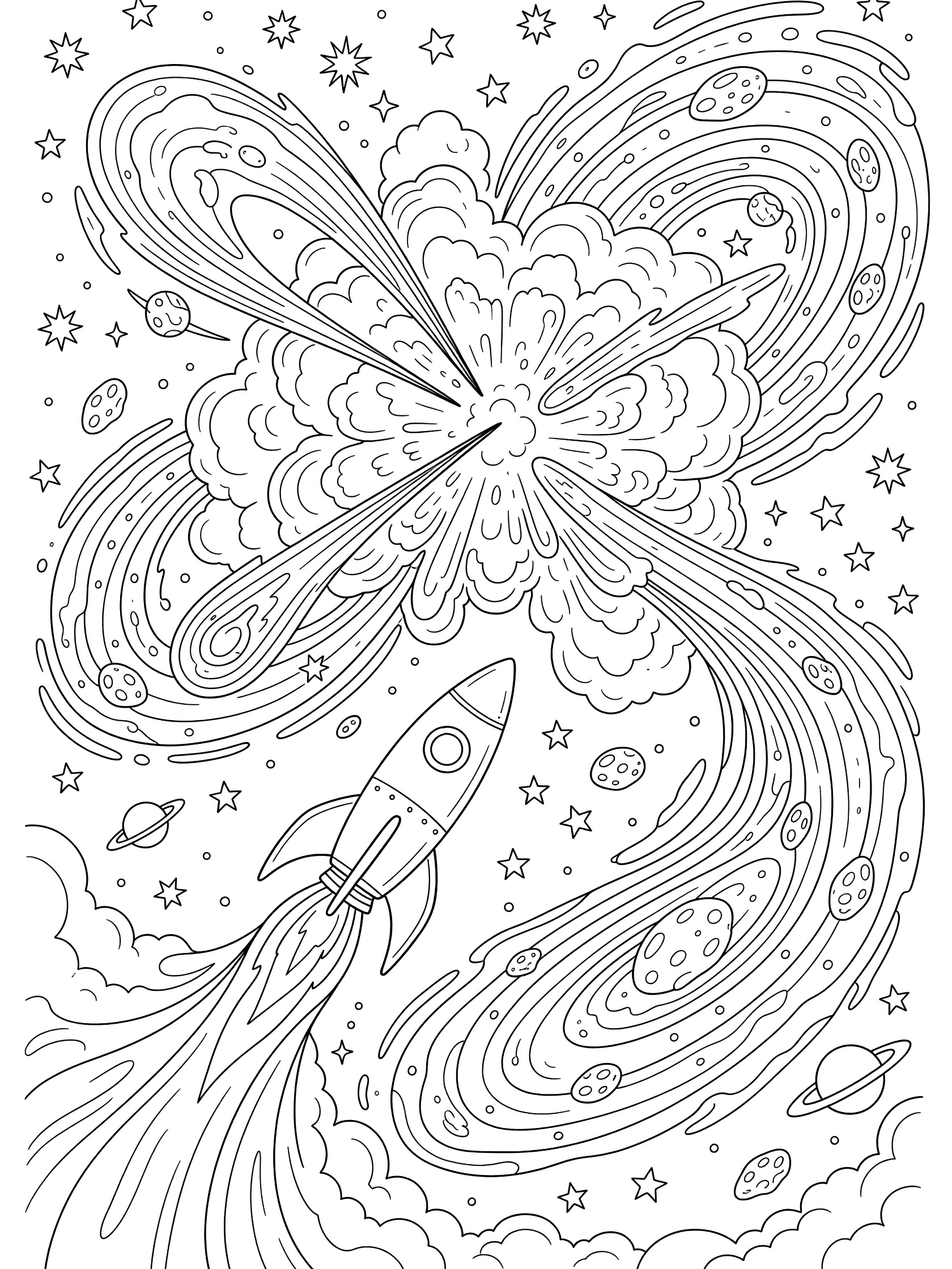 Black and white line art coloring page showing a rocket with trailing flames blasting upward into an exploding nebula with cloud bursts, comet tails, swirling arms, stars, and planets.