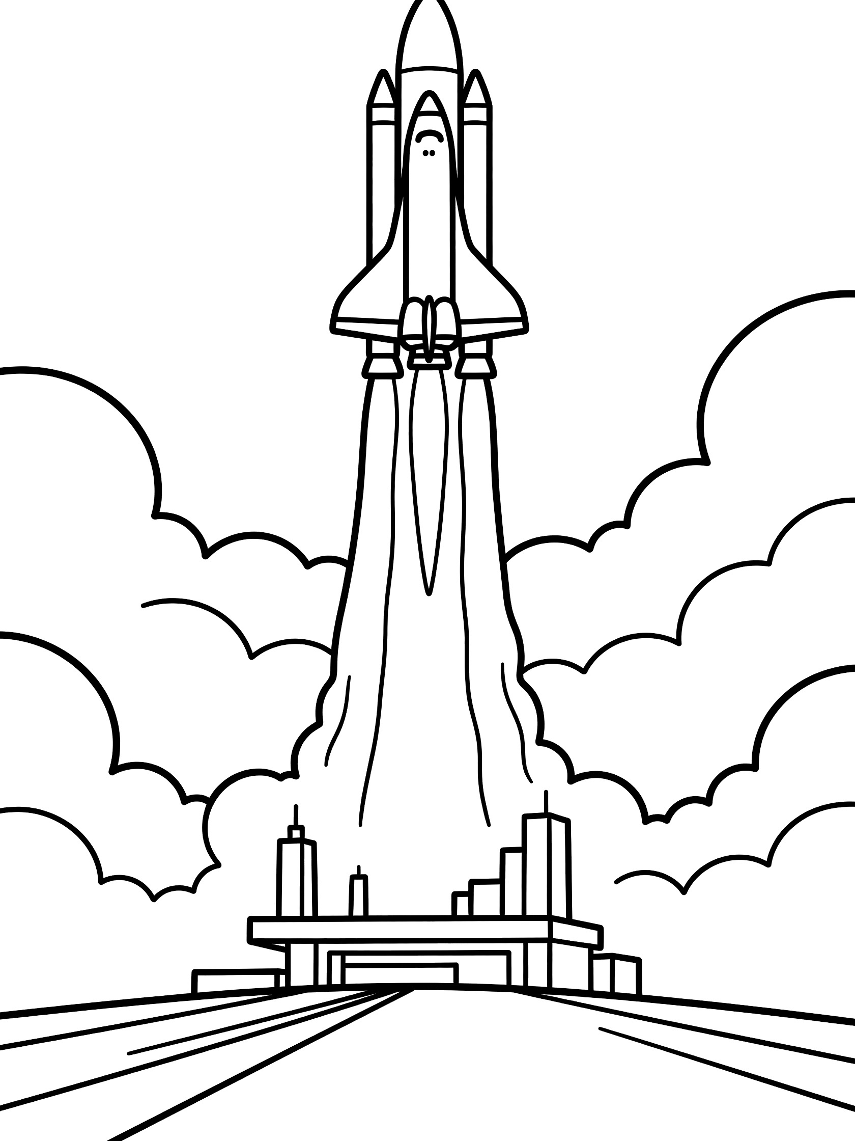 Black and white coloring page of a rocket nose cone leading a shuttle launching vertically from a detailed pad with flames, clouds parting, and distant towers.