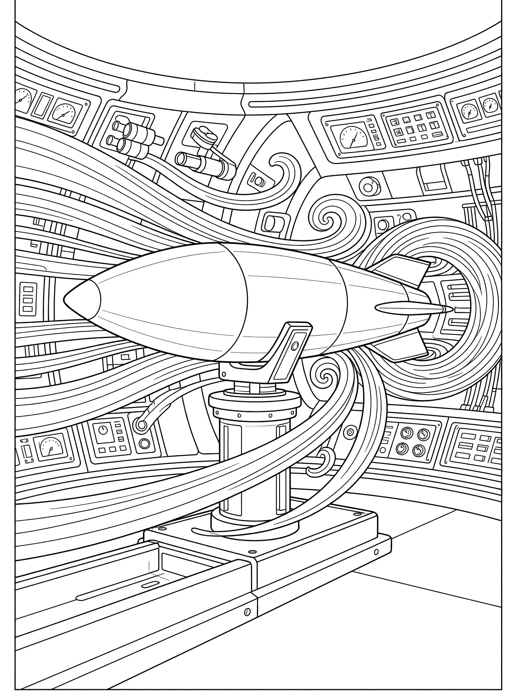 Detailed coloring page showing a rocket nose cone mounted in a futuristic wind tunnel lab with swirling wind lines, control panels, and gauges on the walls