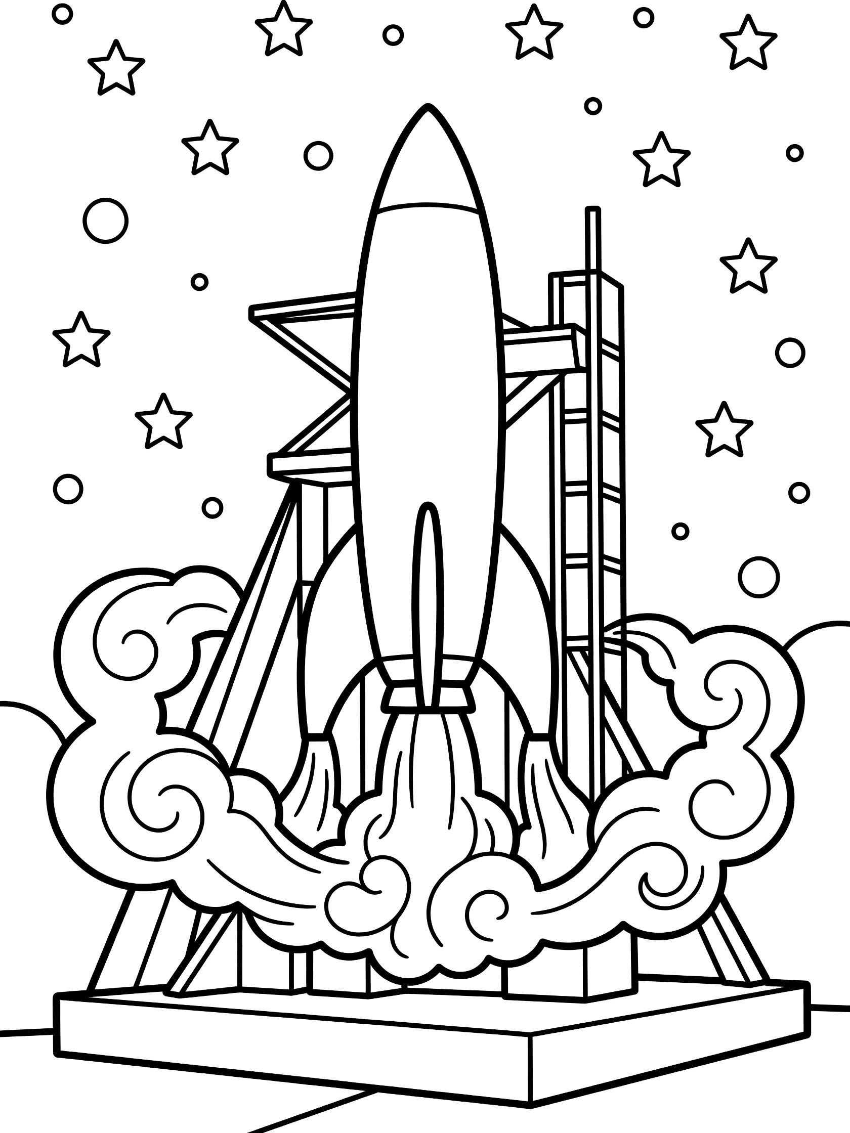 Black and white line art coloring page showing a tall rocket on launch pad venting steam clouds from engines, with gantry structures and stars in the background