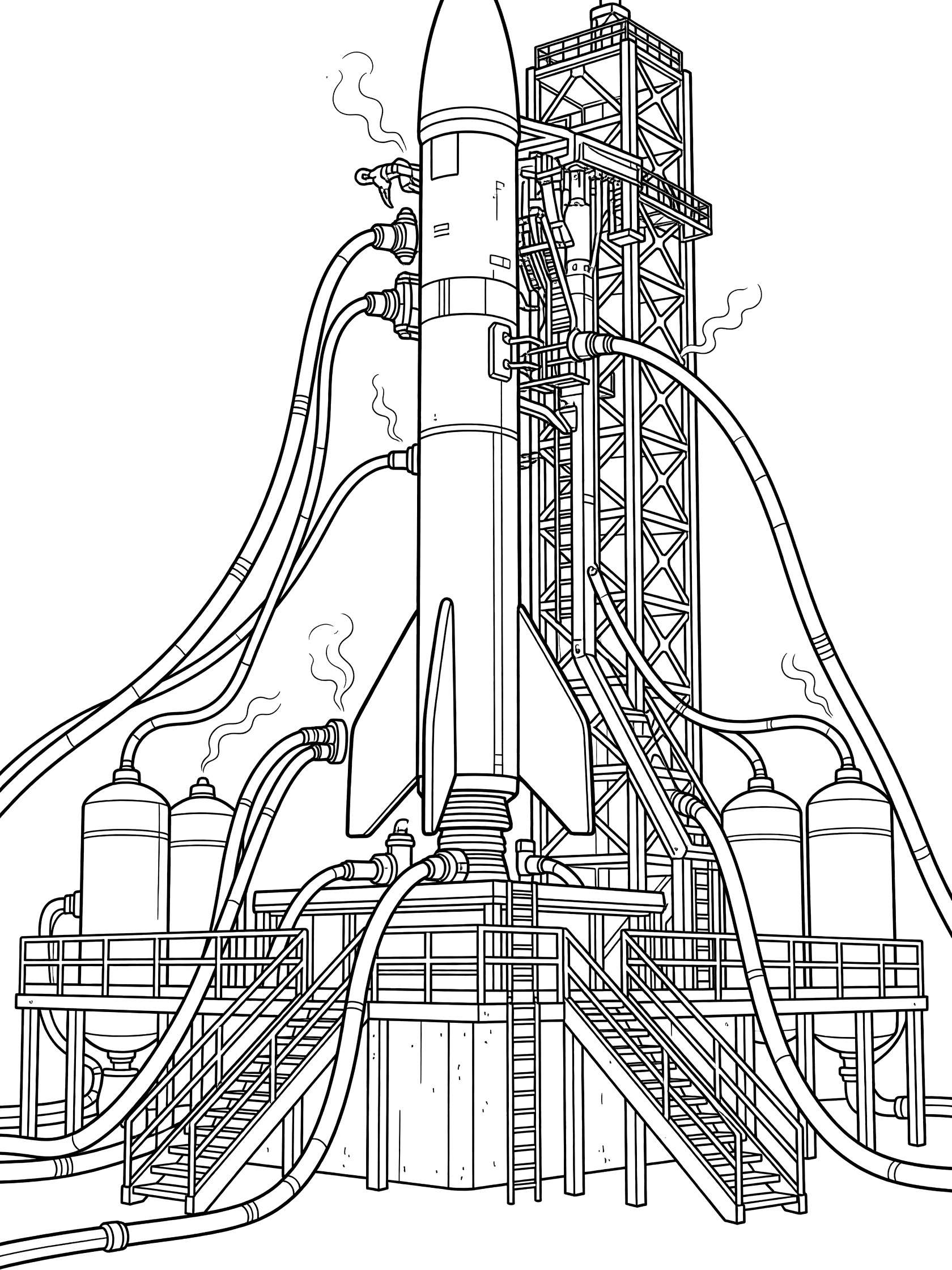 Black-and-white coloring page showing a rocket on launch pad with fuel hoses, service arms, vapor rising from connections, platform ladders and railings.